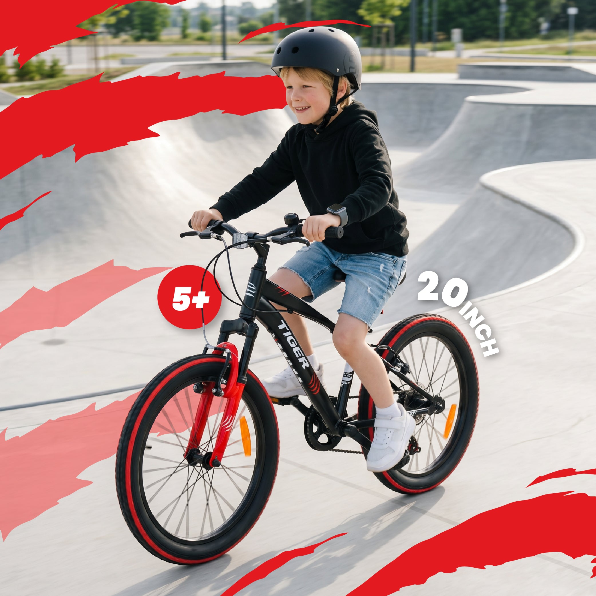 Jungenfahrrad 20 Zoll, 6-Gang-Shimano-Gang-Federung, breite Reifen, Revoshift, Tiger Bike, schwarz/rot