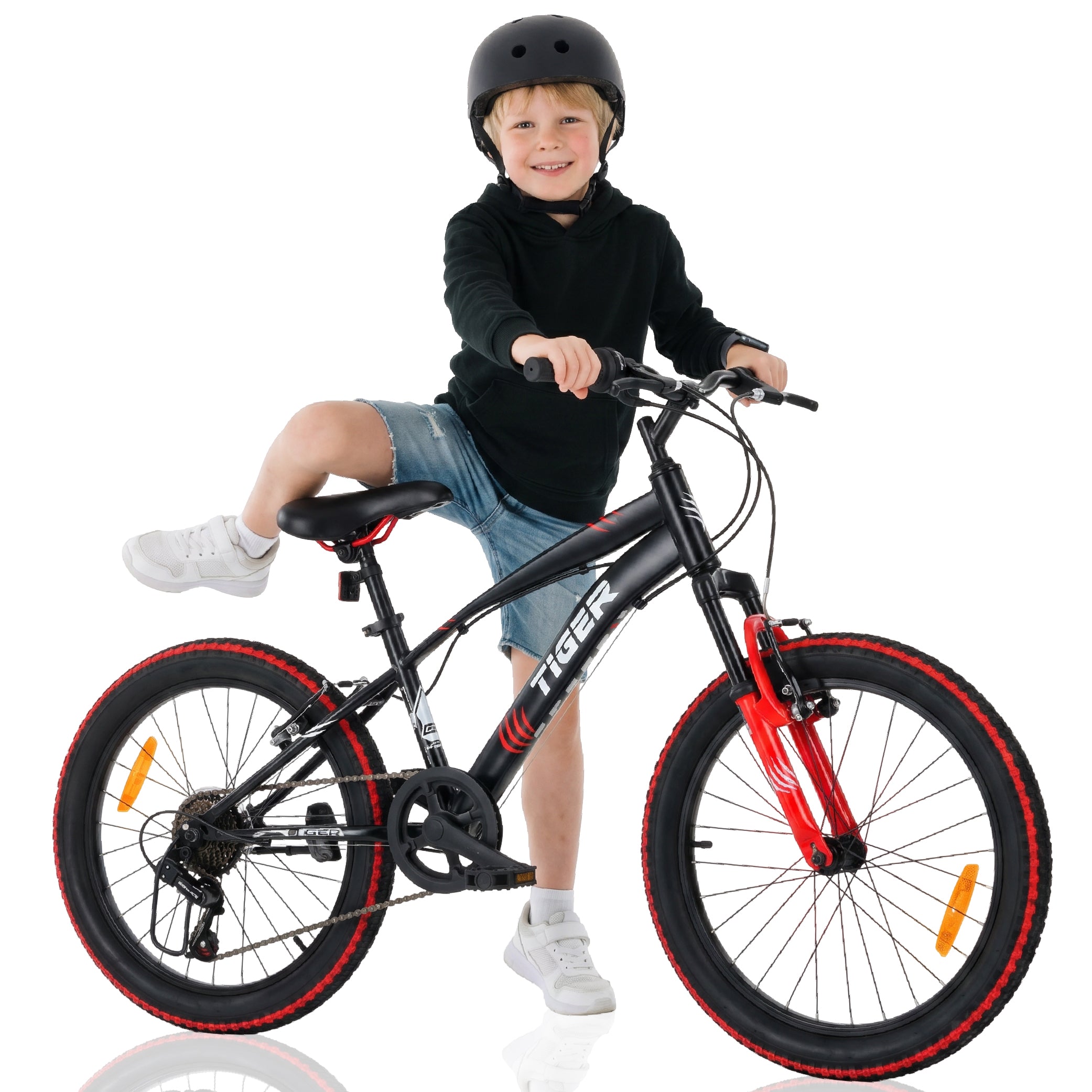 Jungenfahrrad 20 Zoll, 6-Gang-Shimano-Gang-Federung, breite Reifen, Revoshift, Tiger Bike, schwarz/rot