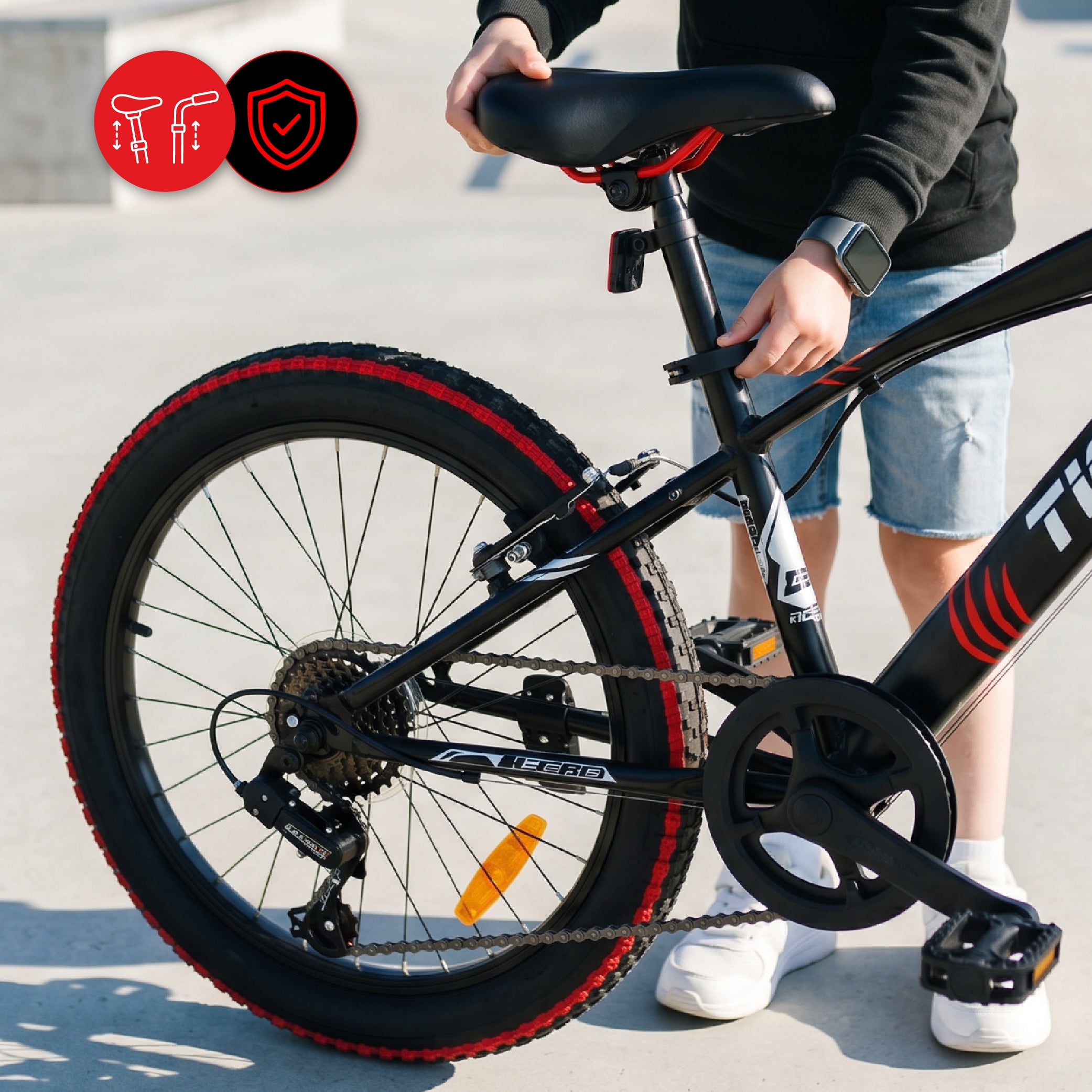 Jungenfahrrad 20 Zoll, 6-Gang-Shimano-Gang-Federung, breite Reifen, Revoshift, Tiger Bike, schwarz/rot