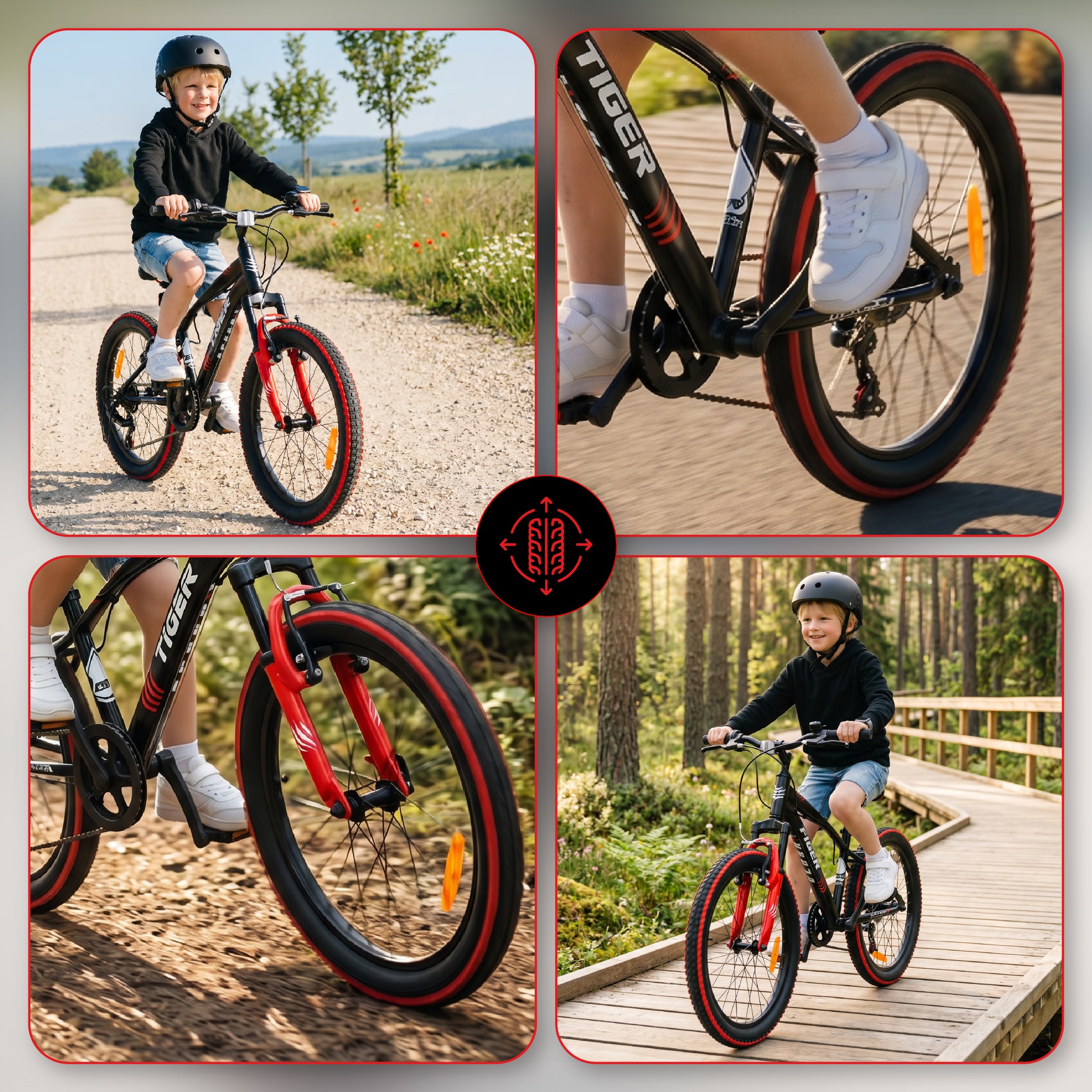 Jungenfahrrad 20 Zoll, 6-Gang-Shimano-Gang-Federung, breite Reifen, Revoshift, Tiger Bike, schwarz/rot