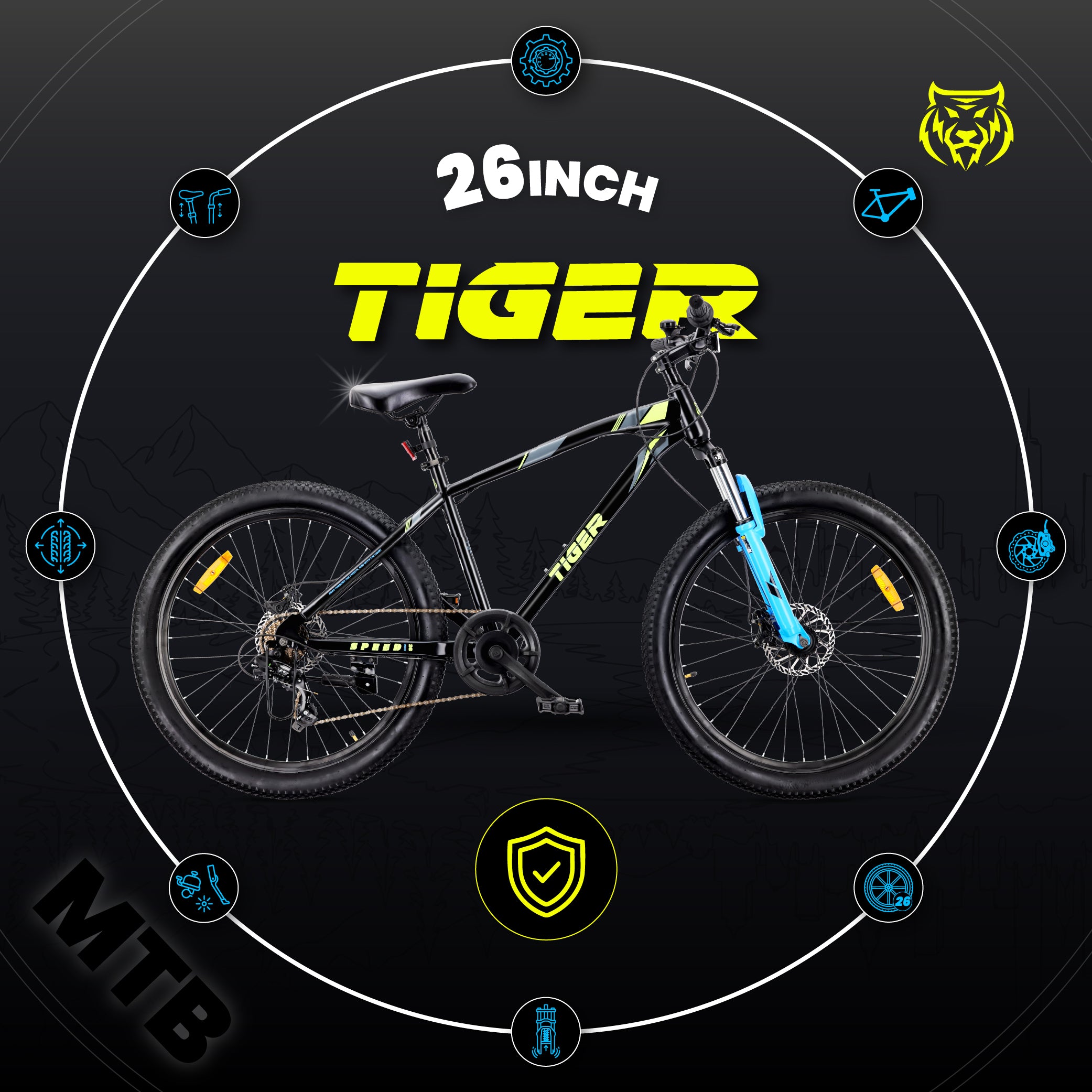 Rower górski MTB 26 cali Tiger Bike Shimano 7 biegów Amortyzator Szerokie opony Hamulce tarczowe Rower terenowy czarny zielony niebieski
