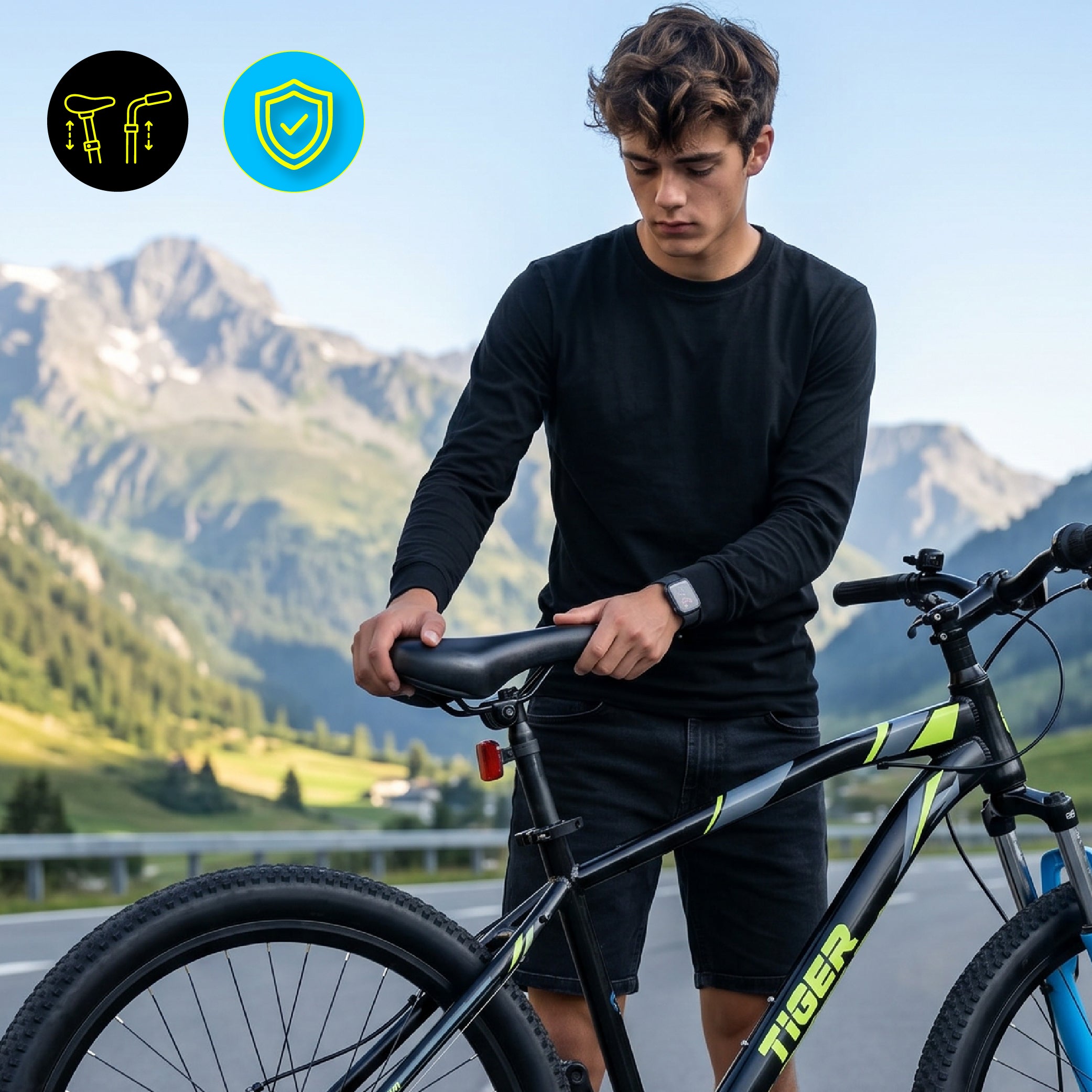 Rower górski MTB 26 cali Tiger Bike Shimano 7 biegów Amortyzator Szerokie opony Hamulce tarczowe Rower terenowy czarny zielony niebieski