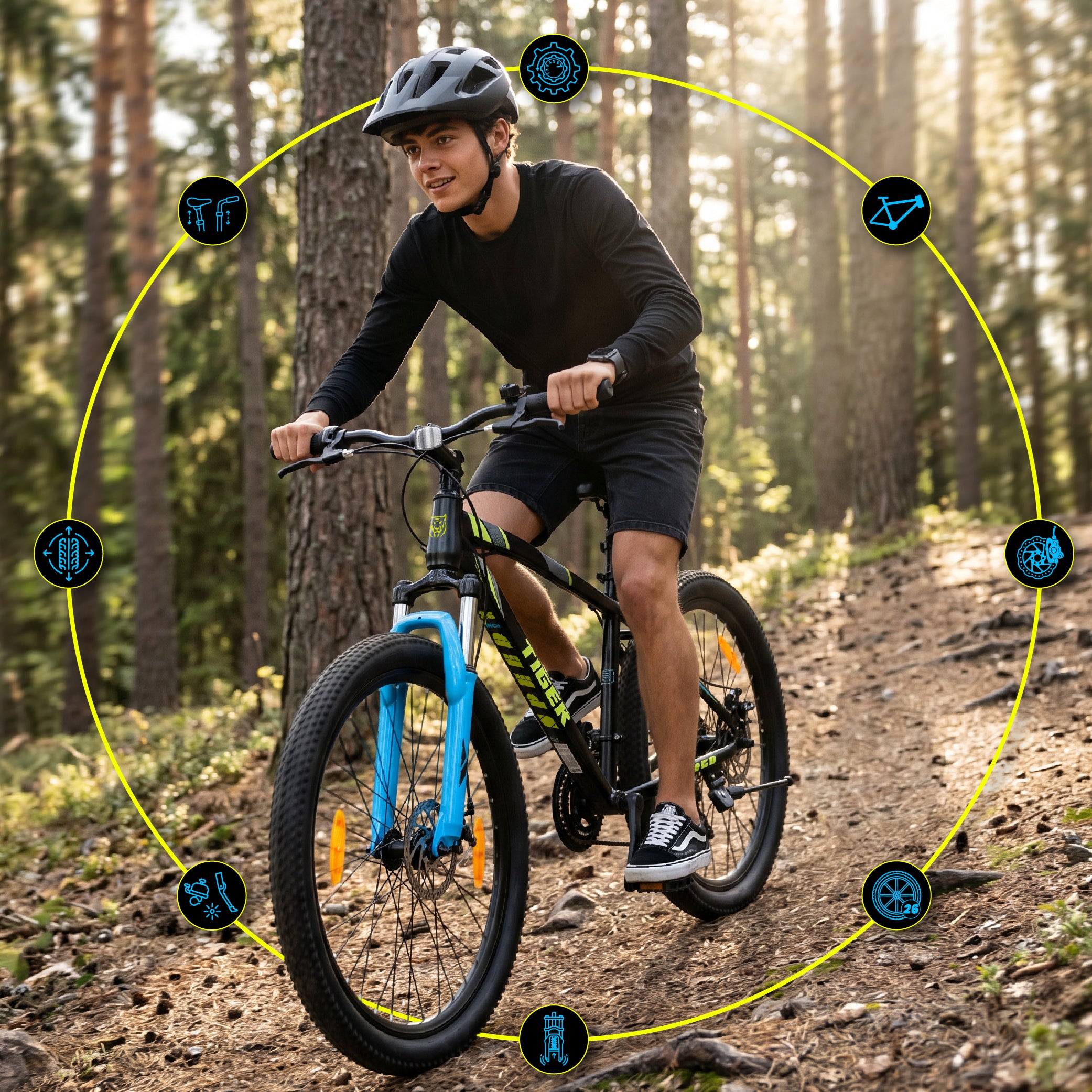 Rower górski MTB 26 cali Tiger Bike Shimano 7 biegów Amortyzator Szerokie opony Hamulce tarczowe Rower terenowy czarny zielony niebieski