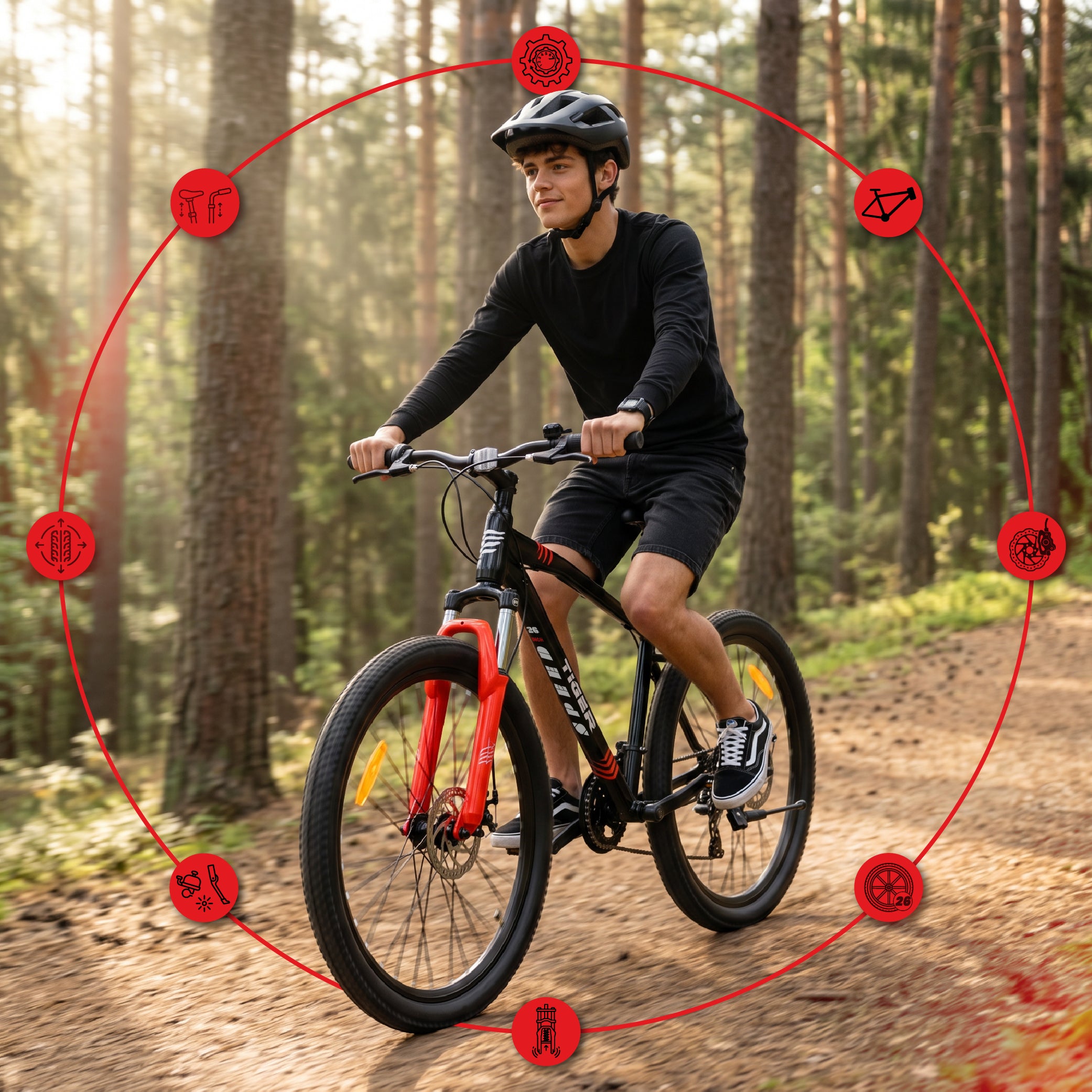 Rower górski MTB 26 cali Tiger Bike Shimano 7 biegów Amortyzator Szerokie opony Hamulce tarczowe Rower terenowy czarny-czerwony