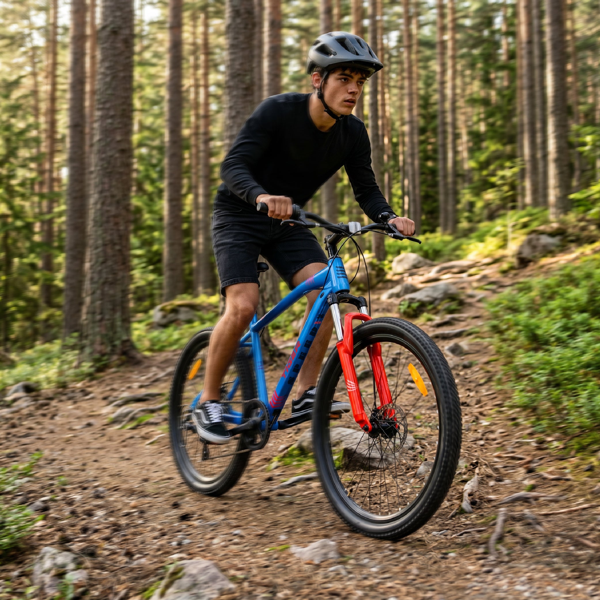 Rower górski MTB 26 cali Tiger Bike Shimano 7 biegów Amortyzator Szerokie opony Hamulce tarczowe Rower terenowy niebiesko-pomarańczowy