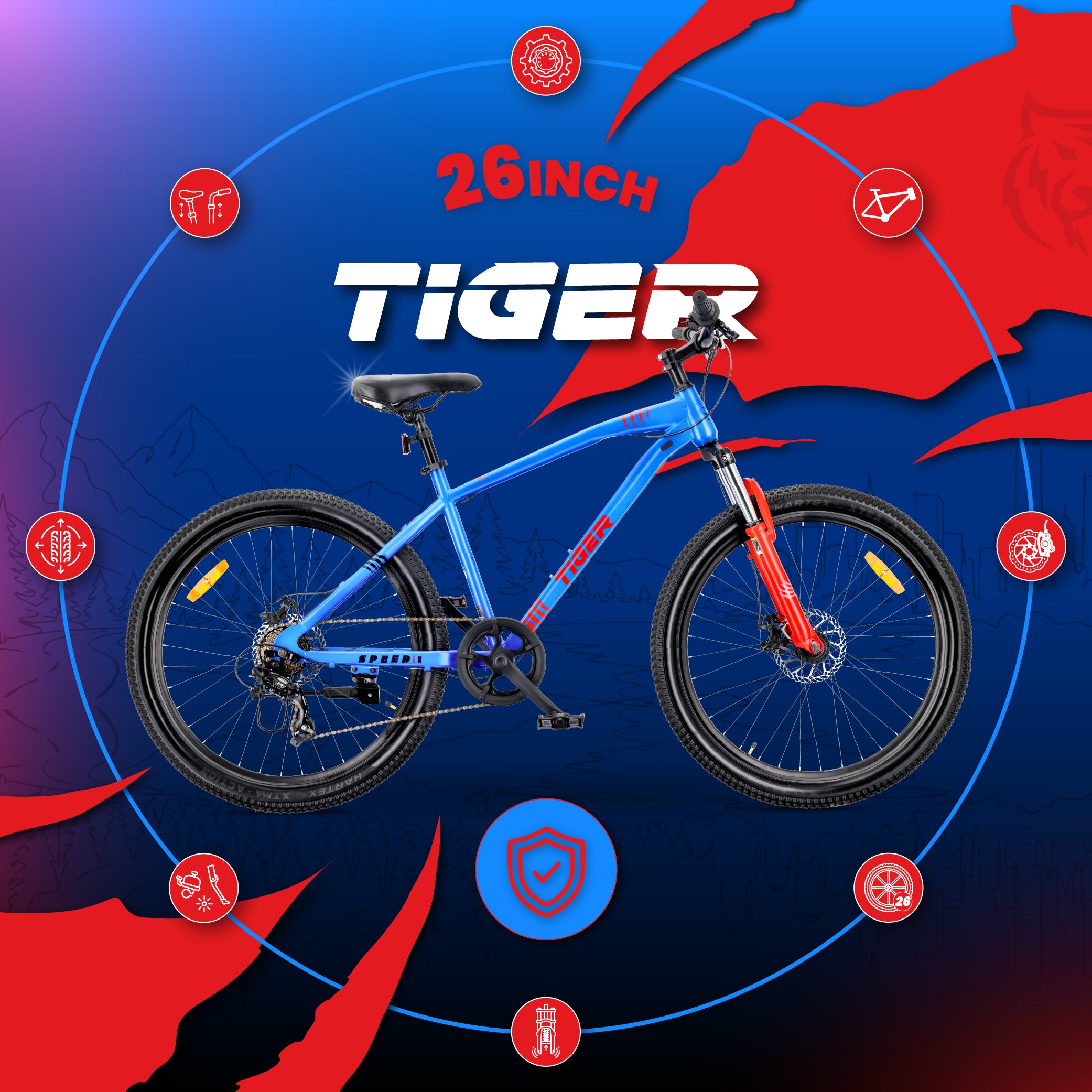 Rower górski MTB 26 cali Tiger Bike Shimano 7 biegów Amortyzator Szerokie opony Hamulce tarczowe Rower terenowy niebiesko-pomarańczowy