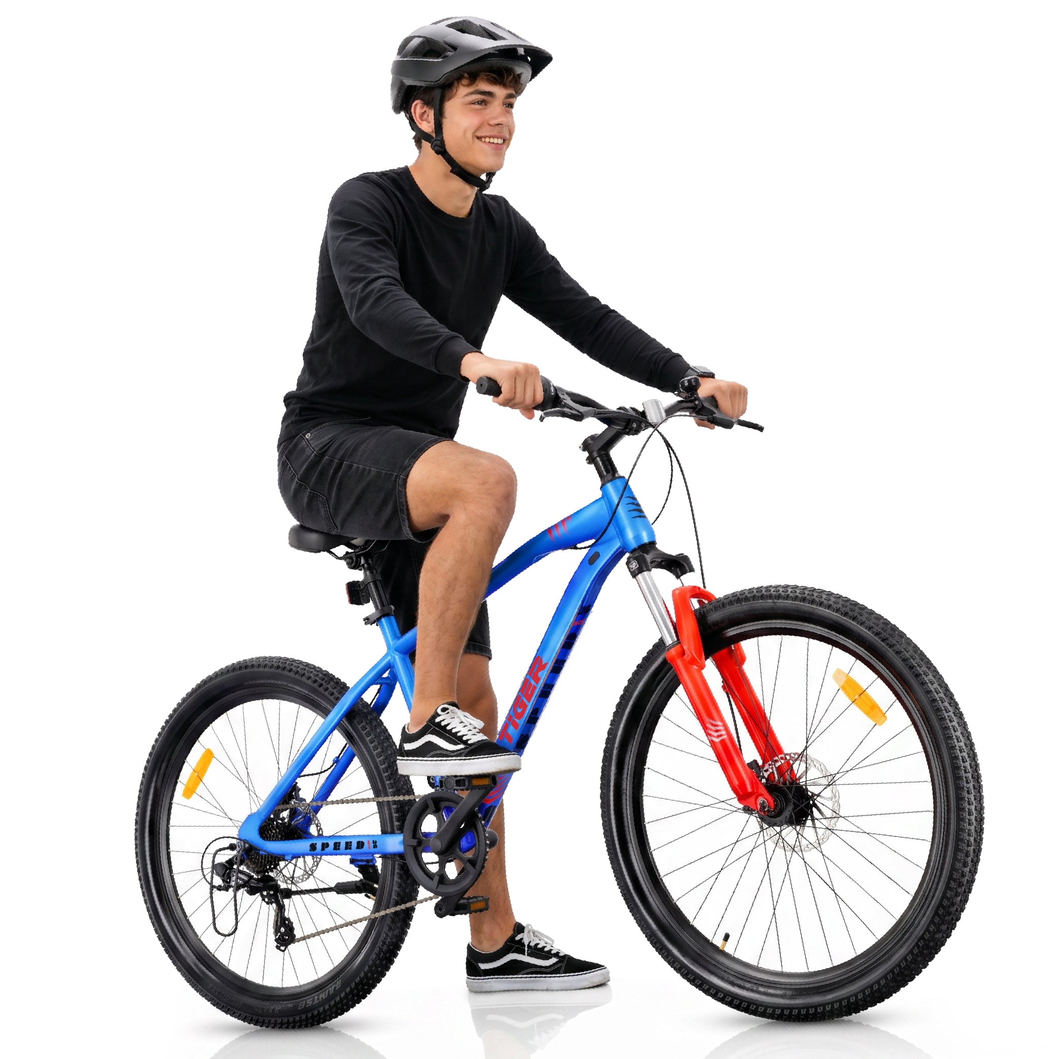 Rower górski MTB 26 cali Tiger Bike Shimano 7 biegów Amortyzator Szerokie opony Hamulce tarczowe Rower terenowy niebiesko-pomarańczowy