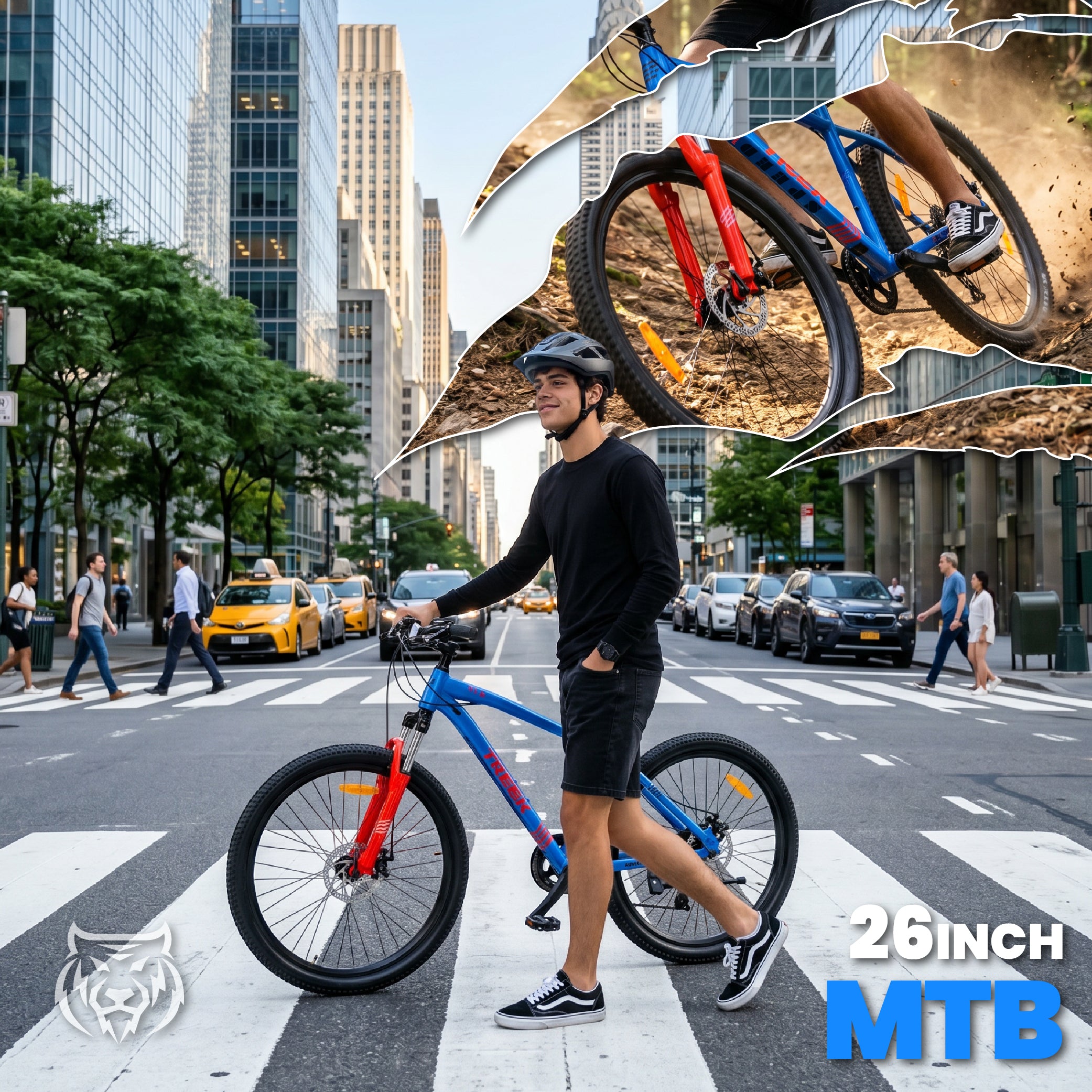 Rower górski MTB 26 cali Tiger Bike Shimano 7 biegów Amortyzator Szerokie opony Hamulce tarczowe Rower terenowy niebiesko-pomarańczowy