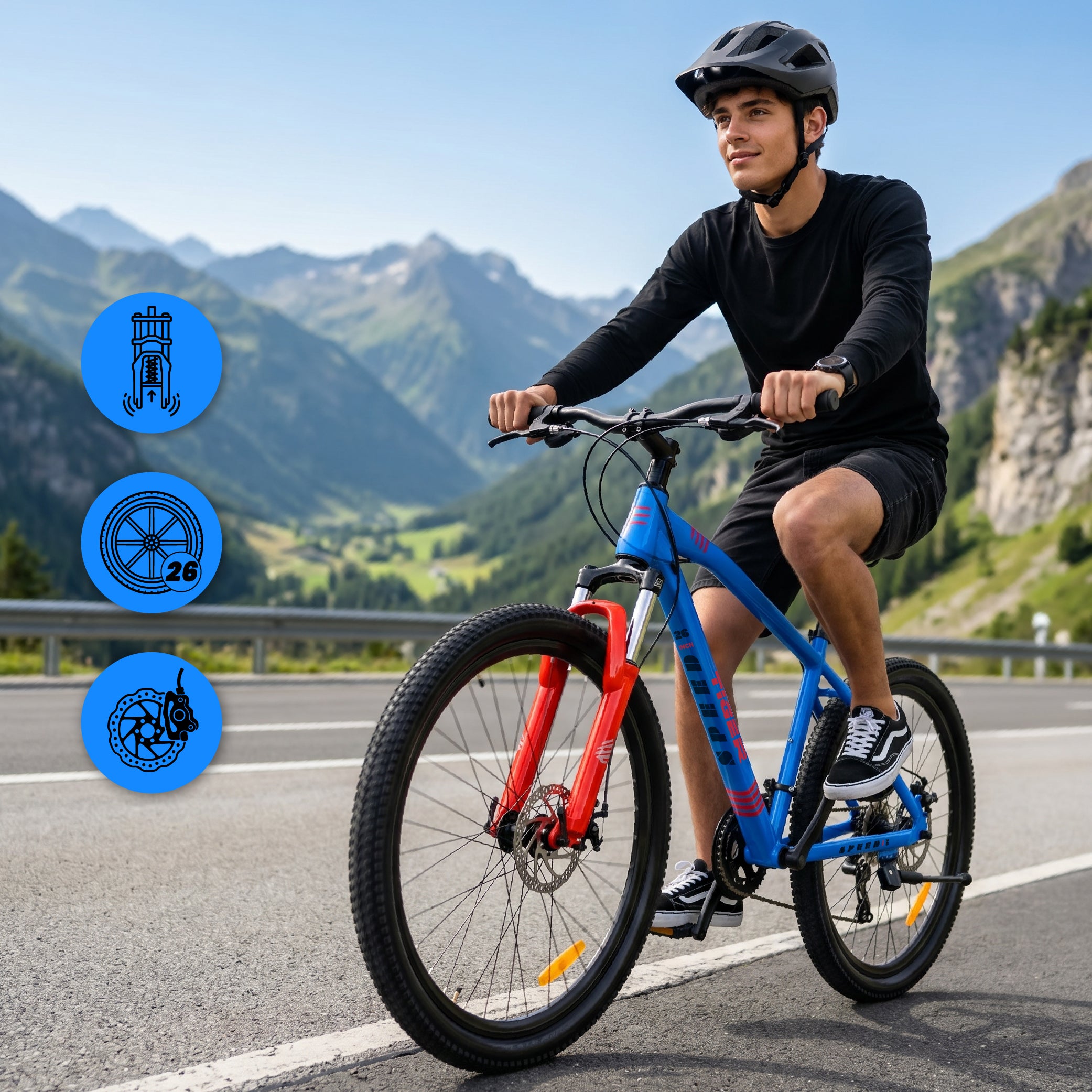 Rower górski MTB 26 cali Tiger Bike Shimano 7 biegów Amortyzator Szerokie opony Hamulce tarczowe Rower terenowy niebiesko-pomarańczowy