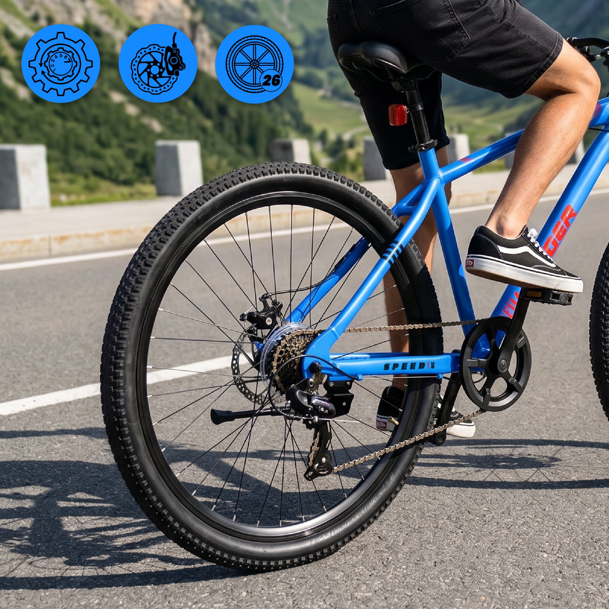 Rower górski MTB 26 cali Tiger Bike Shimano 7 biegów Amortyzator Szerokie opony Hamulce tarczowe Rower terenowy niebiesko-pomarańczowy