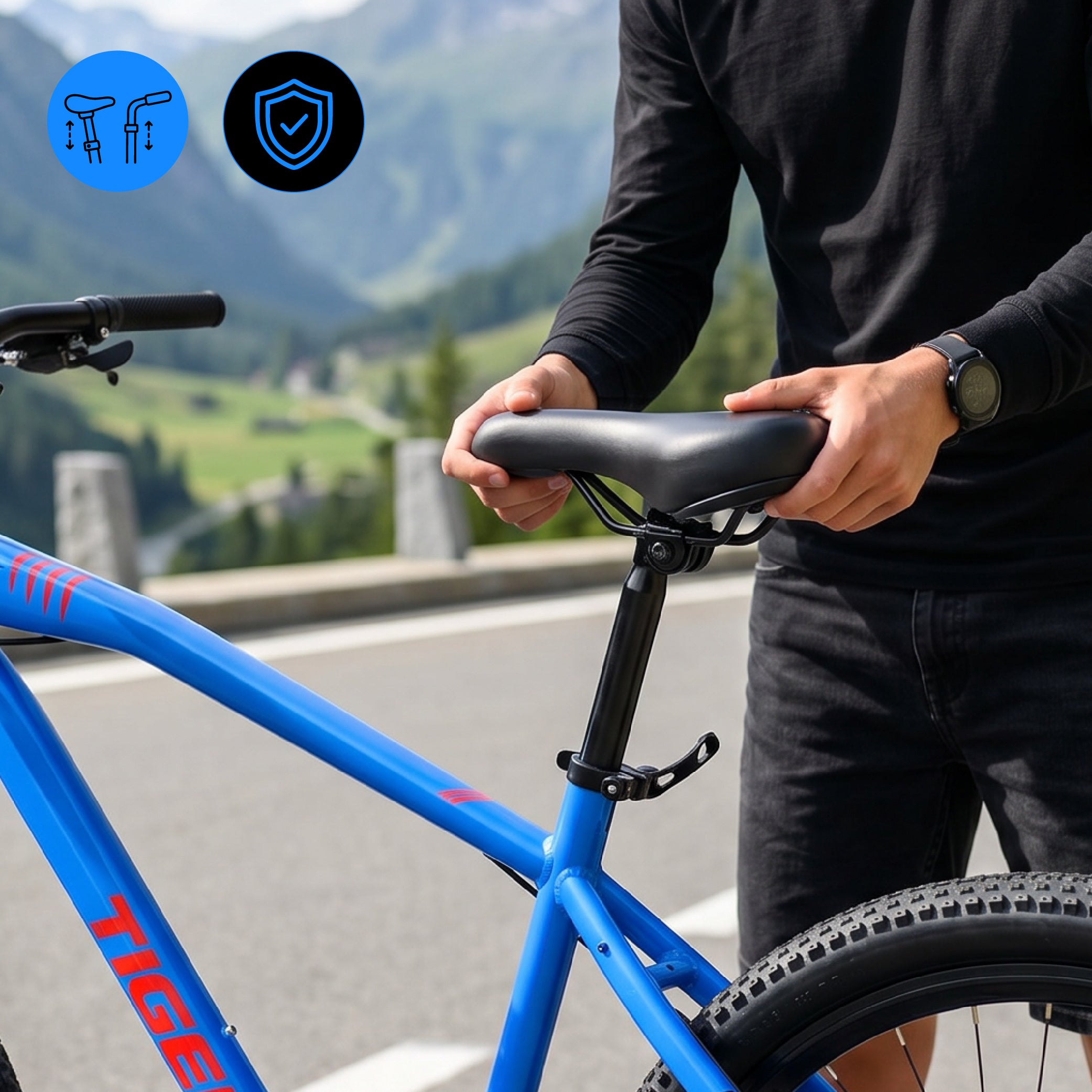 Rower górski MTB 26 cali Tiger Bike Shimano 7 biegów Amortyzator Szerokie opony Hamulce tarczowe Rower terenowy niebiesko-pomarańczowy