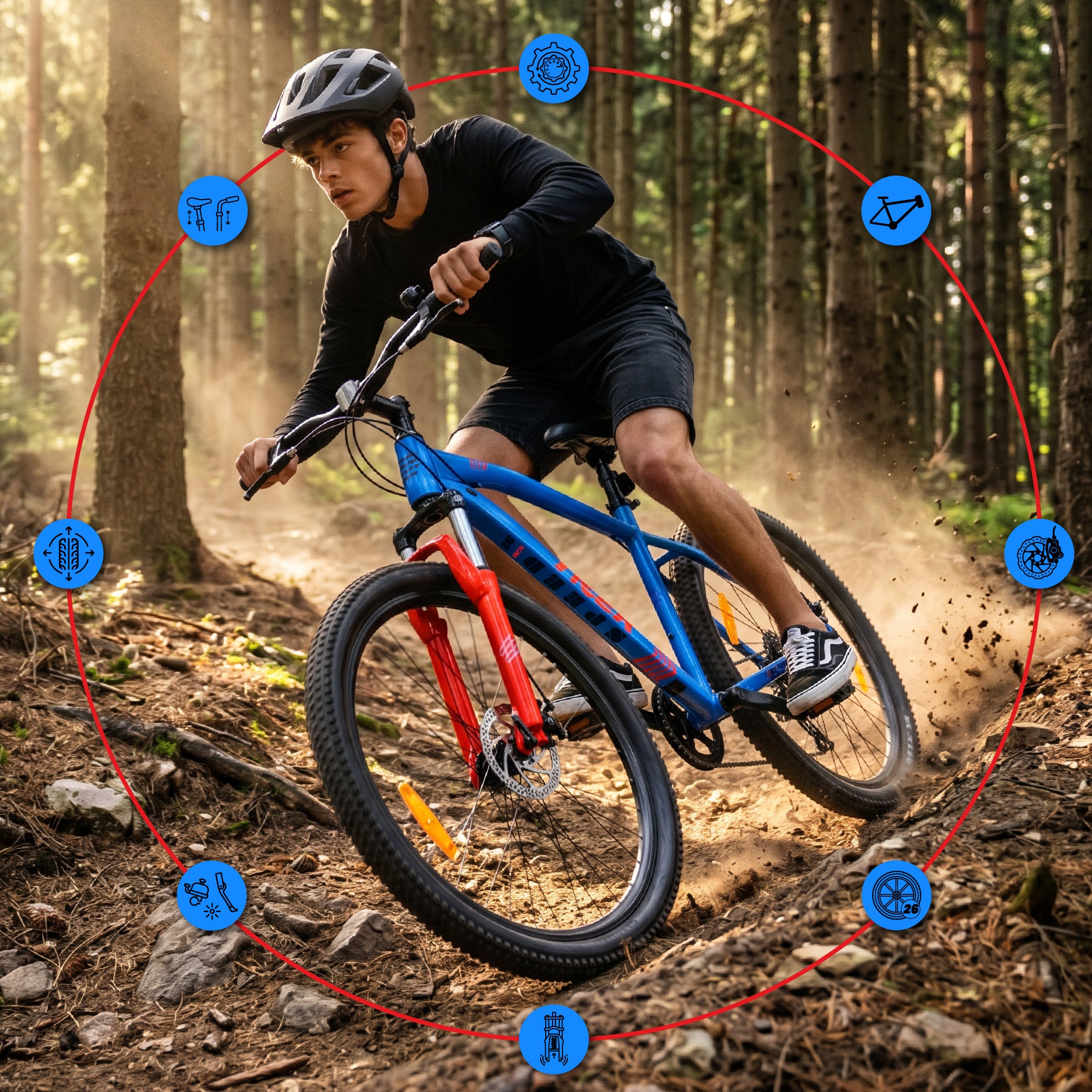 Rower górski MTB 26 cali Tiger Bike Shimano 7 biegów Amortyzator Szerokie opony Hamulce tarczowe Rower terenowy niebiesko-pomarańczowy