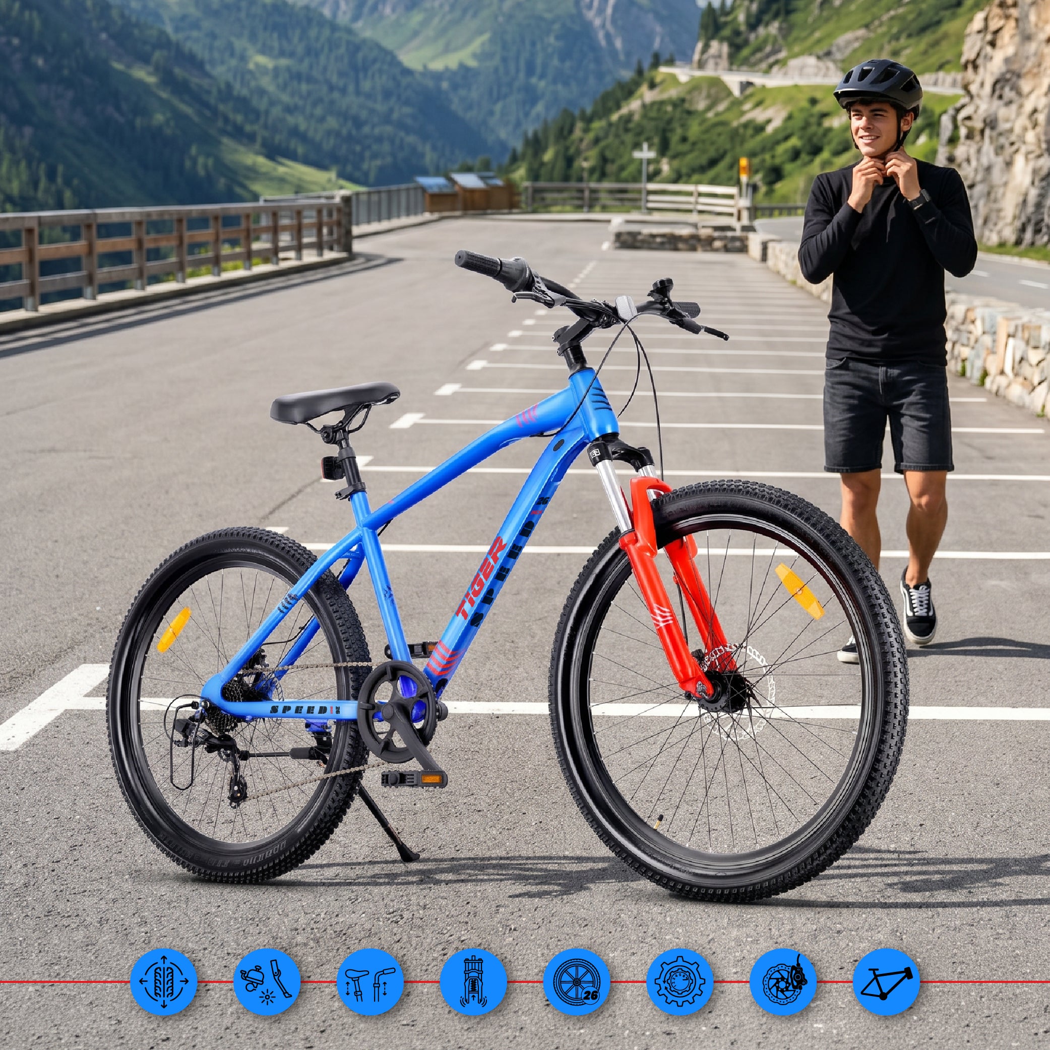 Rower górski MTB 26 cali Tiger Bike Shimano 7 biegów Amortyzator Szerokie opony Hamulce tarczowe Rower terenowy niebiesko-pomarańczowy