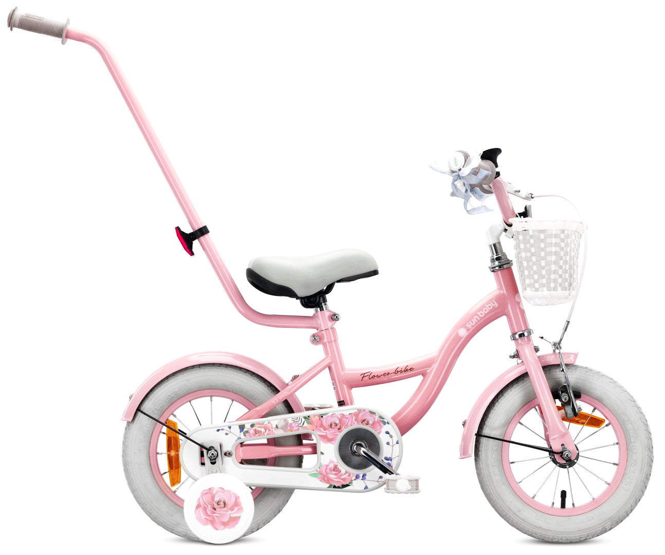 Kinderfahrrad 12 Zoll Mädchenfahrrad Korb Führungsschienen Seitenräder Blumenrad rosa