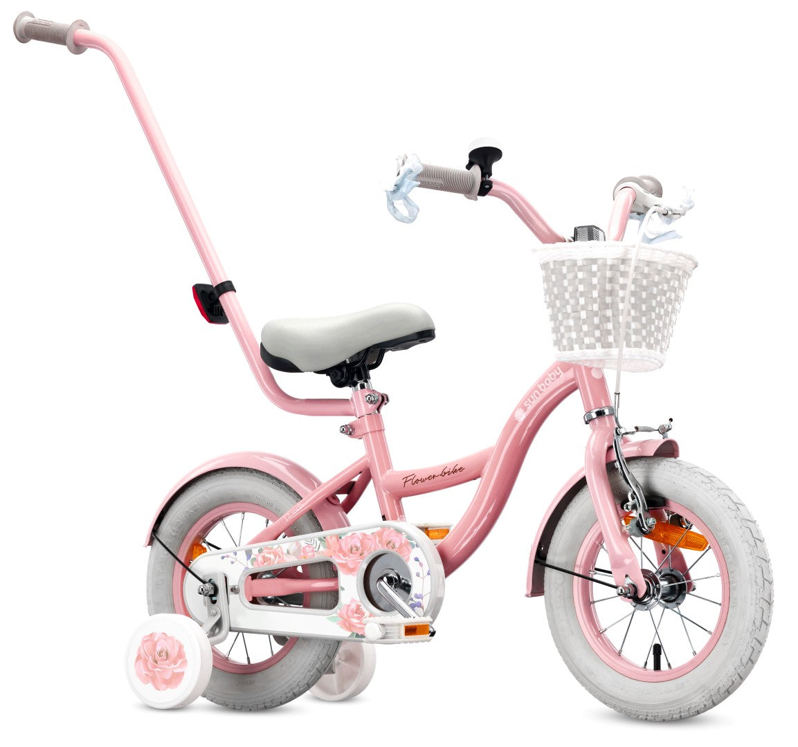 Kinderfahrrad 12 Zoll Mädchenfahrrad Korb Führungsschienen Seitenräder Blumenrad rosa