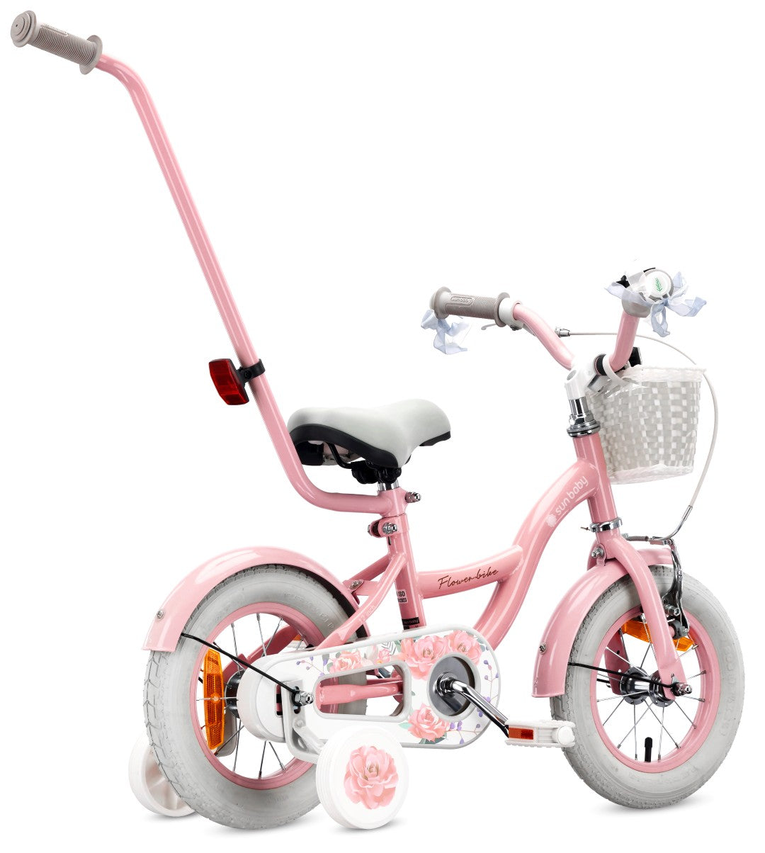 Kinderfahrrad 12 Zoll Mädchenfahrrad Korb Führungsschienen Seitenräder Blumenrad rosa