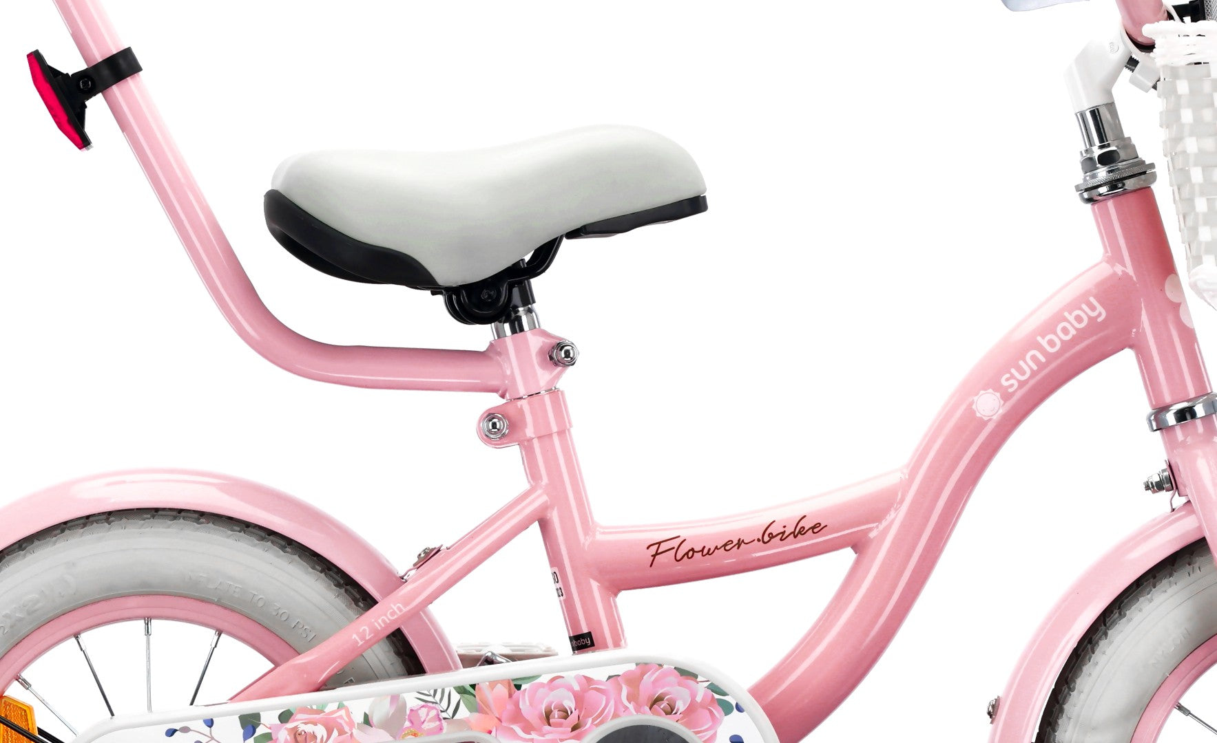 Kinderfahrrad 12 Zoll Mädchenfahrrad Korb Führungsschienen Seitenräder Blumenrad rosa