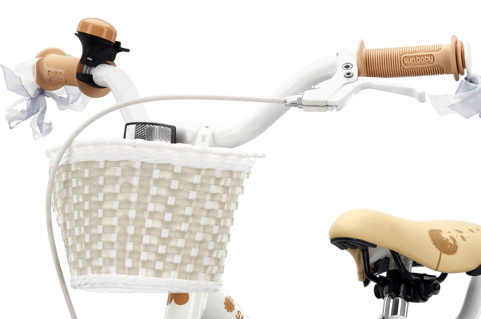 Rower dla dziewczynki 14 cali Pchacz Kółka boczne Koszyk Flower bike Dmuchawiec biało beżowy Sun Baby
