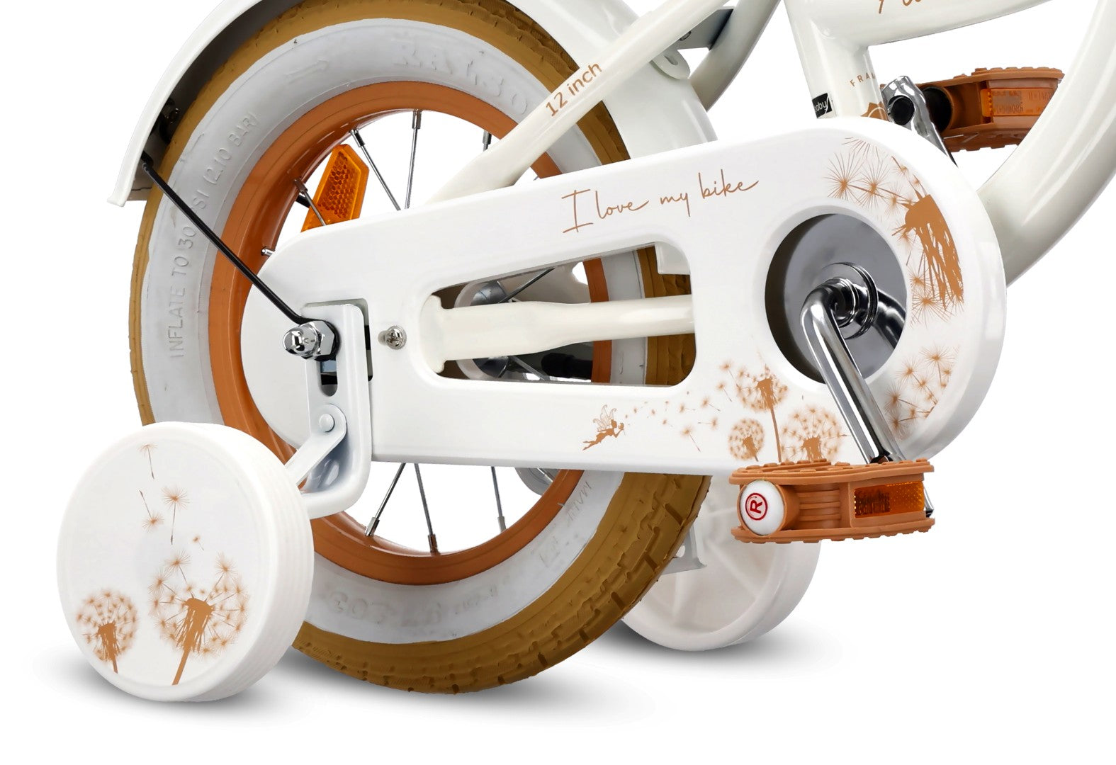 Rower dla dziewczynki 14 cali Pchacz Kółka boczne Koszyk Flower bike Dmuchawiec biało beżowy Sun Baby