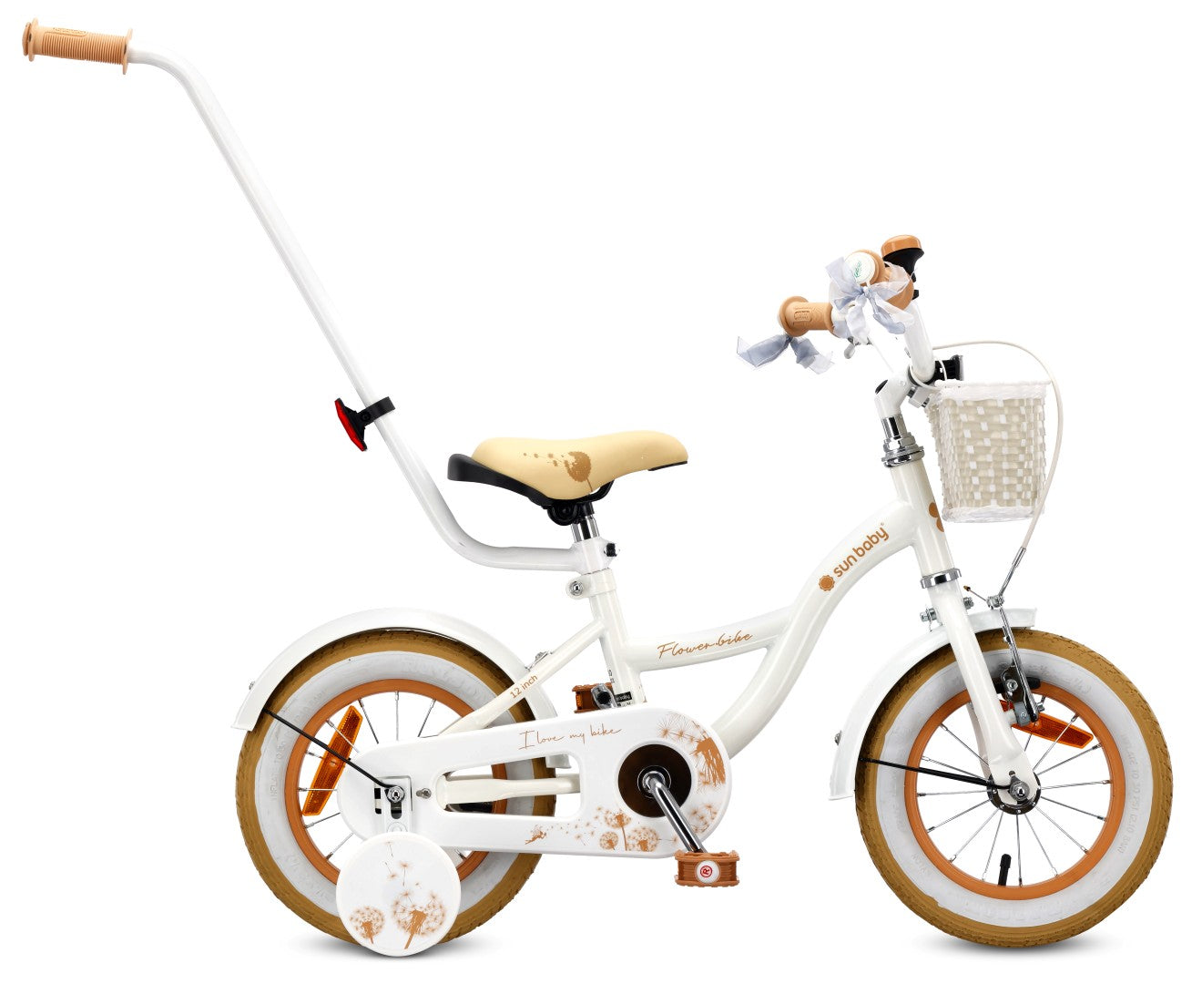 Rower dla dziewczynki 14 cali Pchacz Kółka boczne Koszyk Flower bike Dmuchawiec biało beżowy Sun Baby