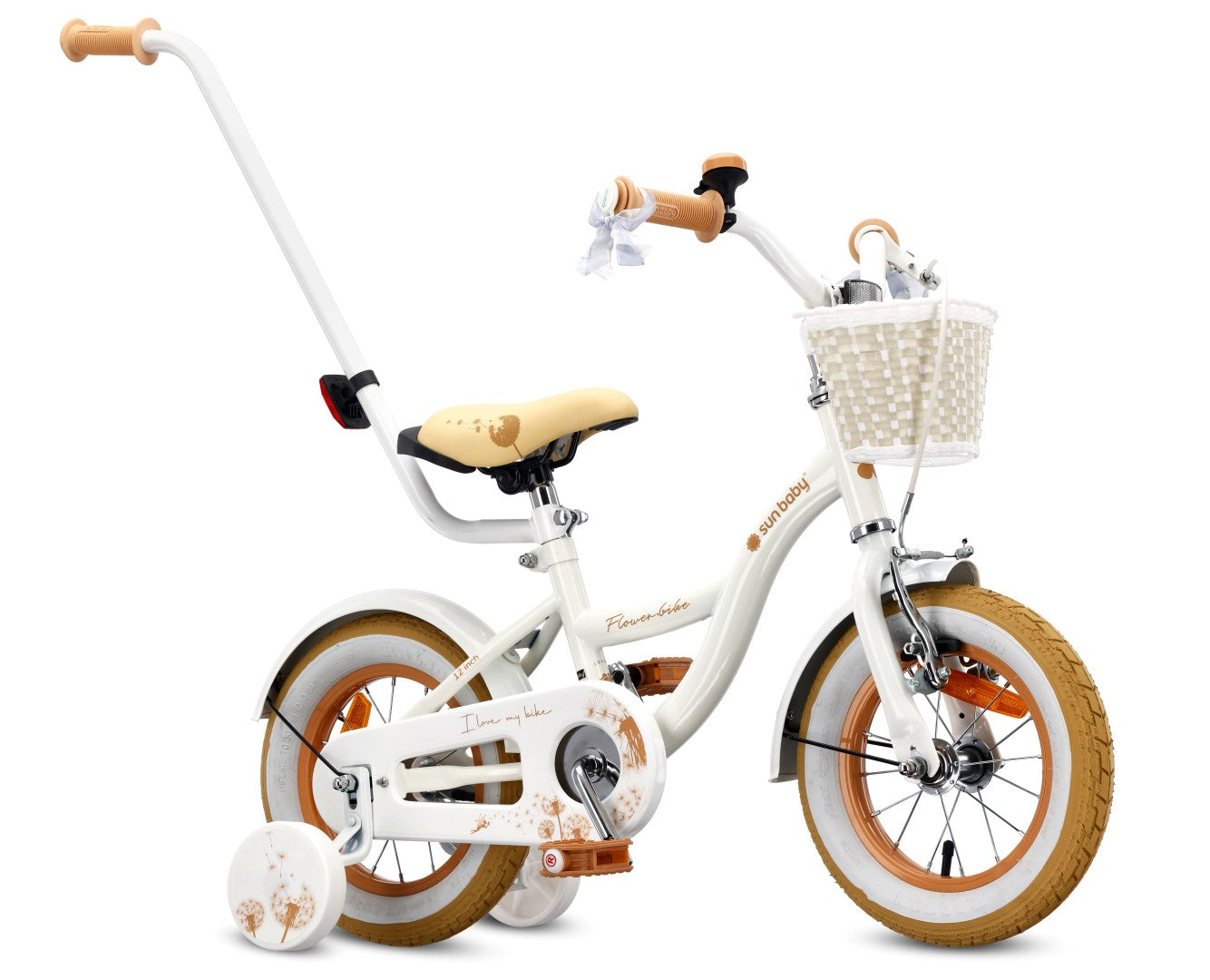 Rower dla dziewczynki 14 cali Pchacz Kółka boczne Koszyk Flower bike Dmuchawiec biało beżowy Sun Baby