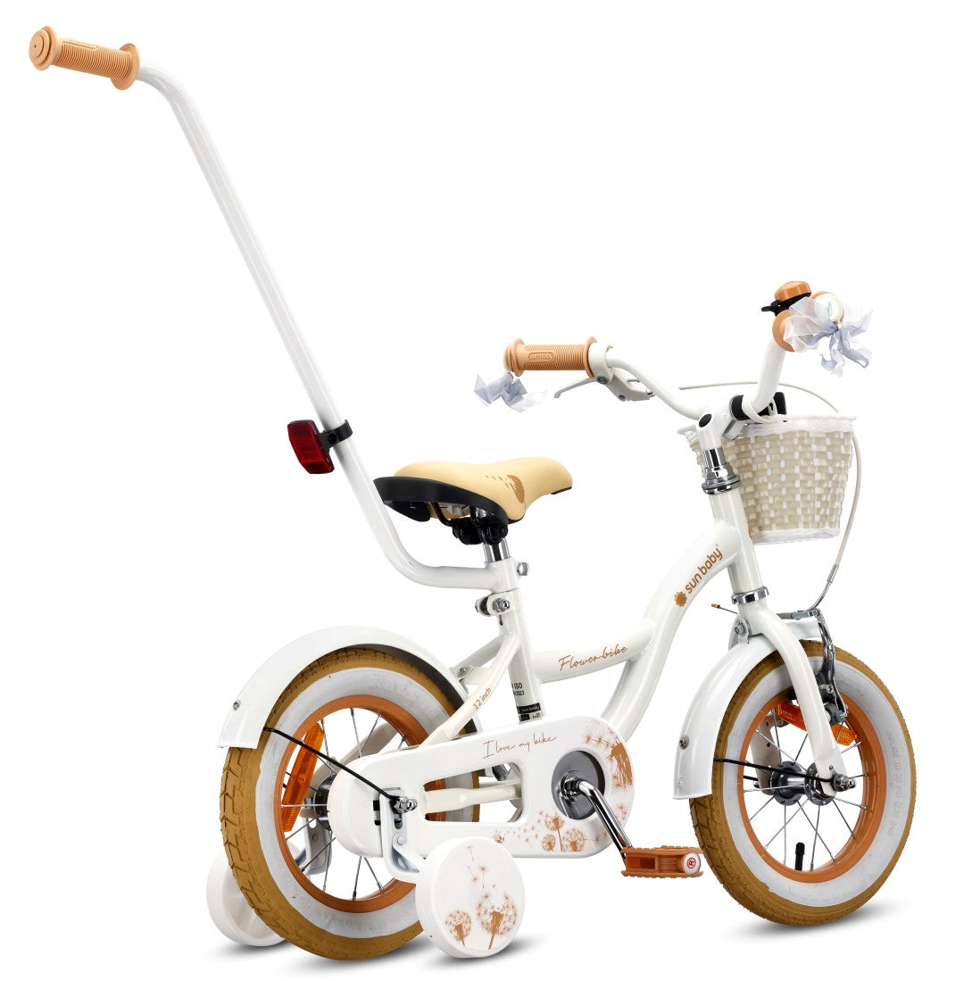 Rower dla dziewczynki 14 cali Pchacz Kółka boczne Koszyk Flower bike Dmuchawiec biało beżowy Sun Baby