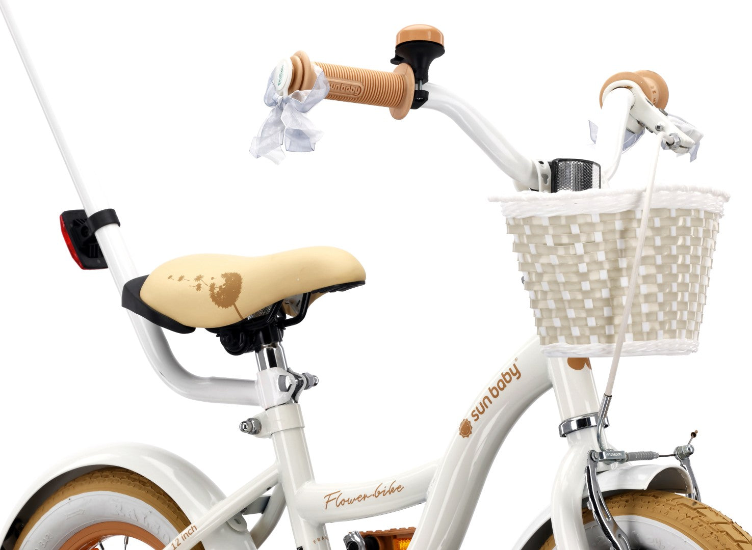 Rower dla dziewczynki 14 cali Pchacz Kółka boczne Koszyk Flower bike Dmuchawiec biało beżowy Sun Baby