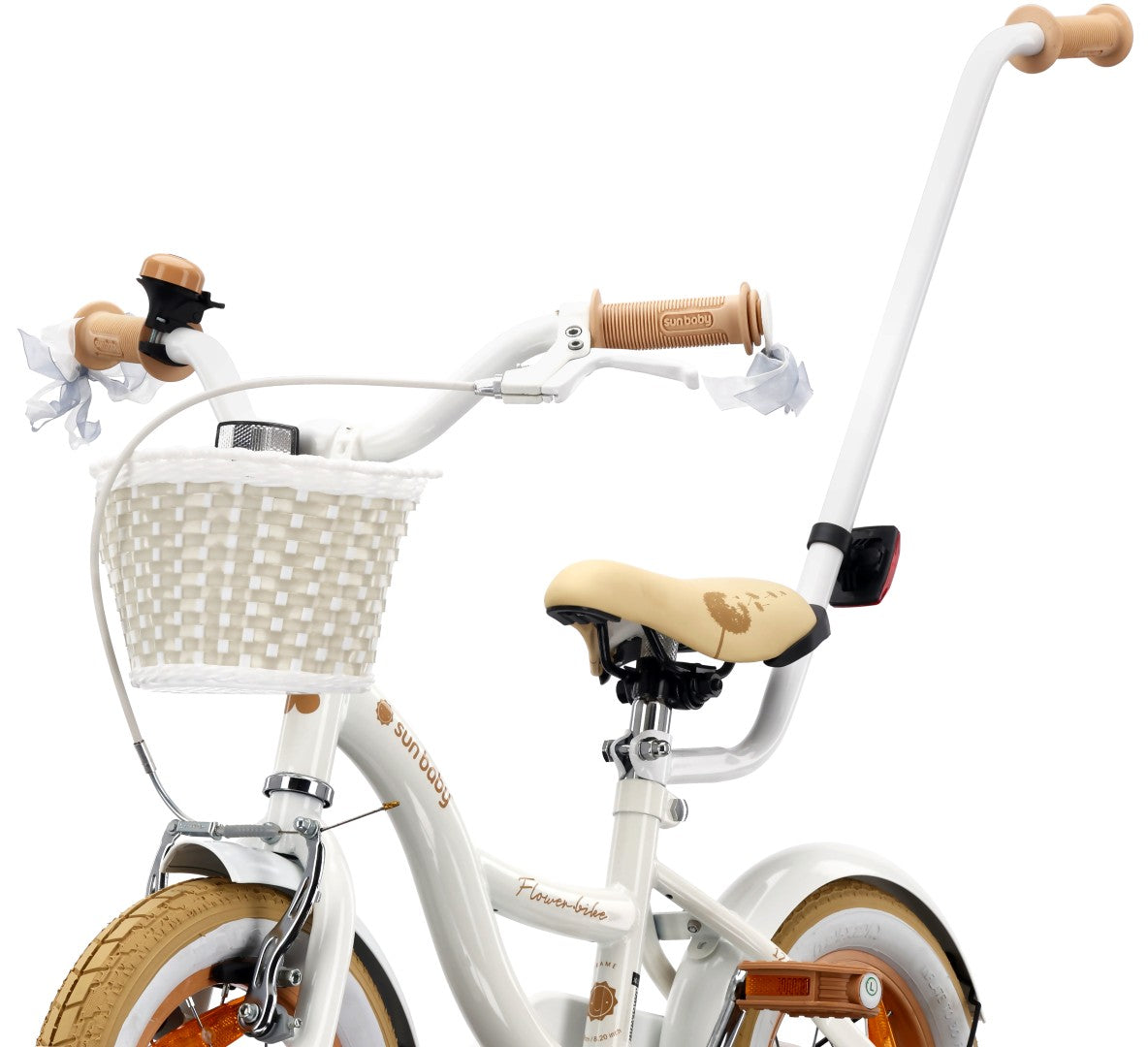 Rower dla dziewczynki 14 cali Pchacz Kółka boczne Koszyk Flower bike Dmuchawiec biało beżowy Sun Baby