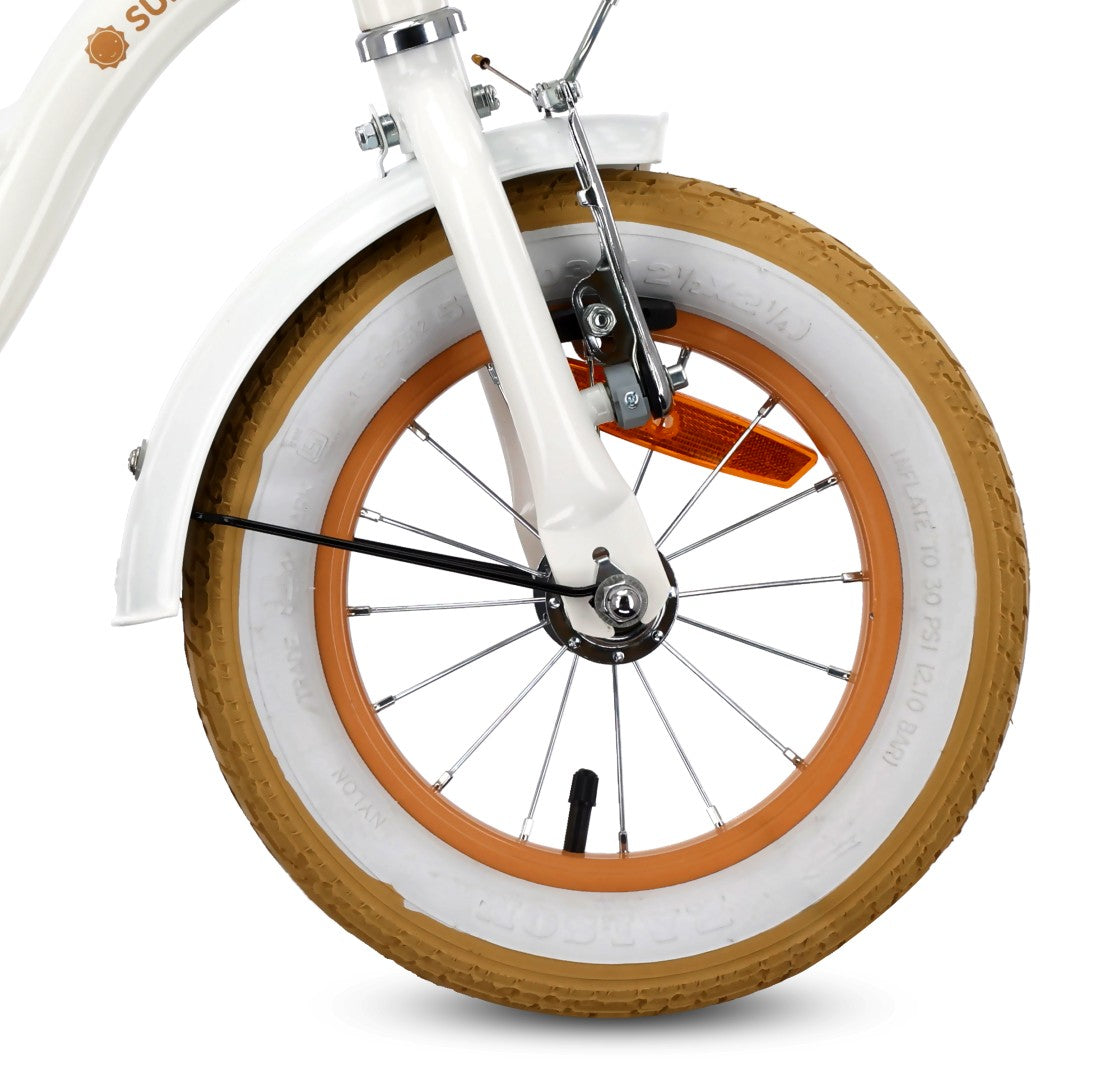 Rower dla dziewczynki 14 cali Pchacz Kółka boczne Koszyk Flower bike Dmuchawiec biało beżowy Sun Baby