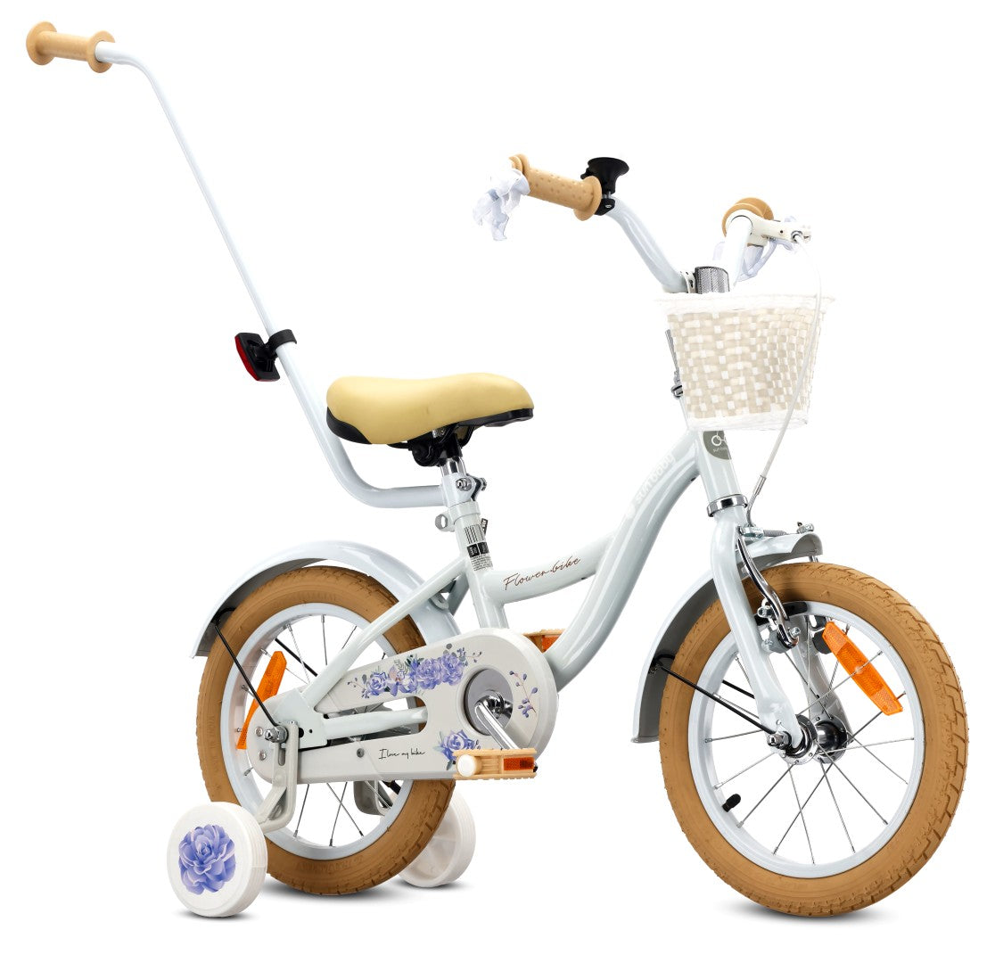 Rower dla dziewczynki 14 cali Pchacz Kółka boczne Koszyk Flower bike baby blue