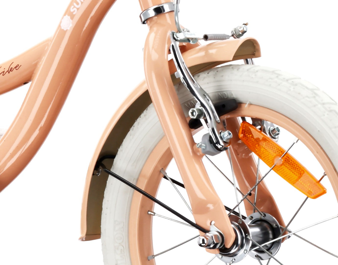 14 inch girl's bike with pusher, side wheels, basket, Flower bike, apricot