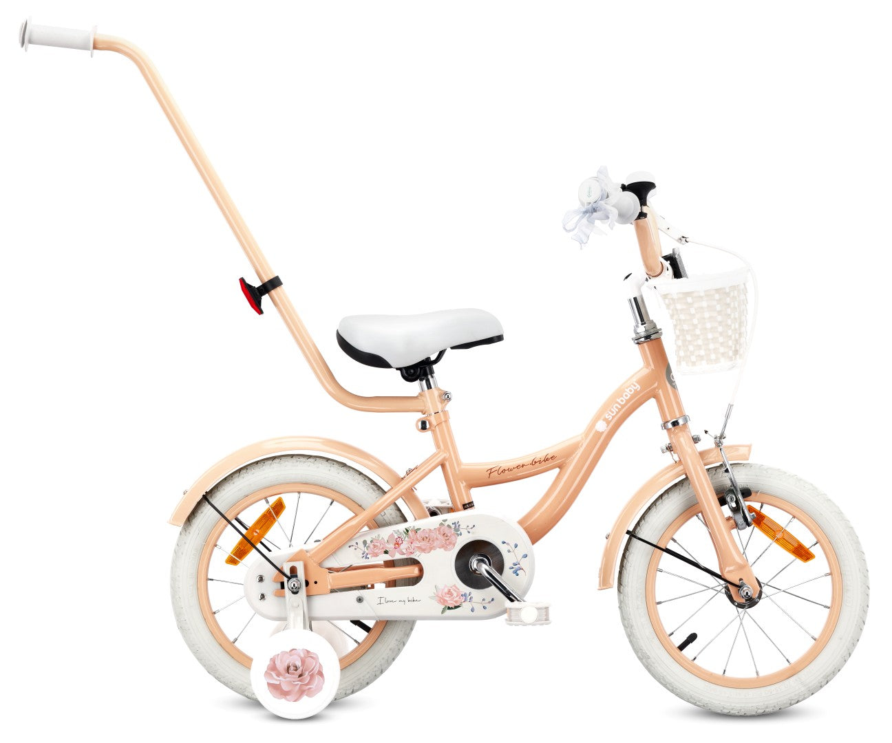 14-Zoll-Mädchenfahrrad mit Schieber, Seitenrädern und Korb, Blumenfahrrad, aprikosenfarben