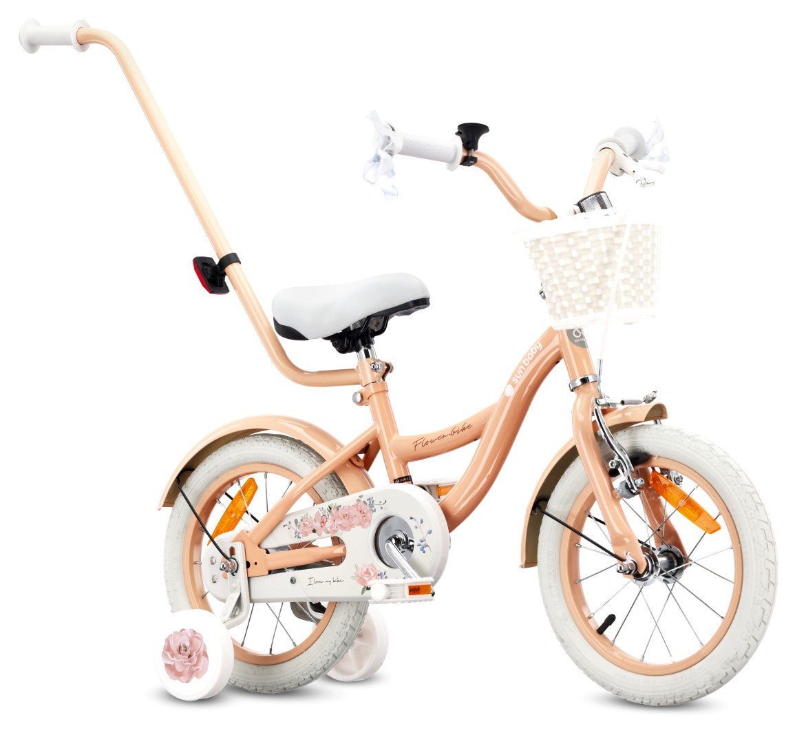 14 inch girl's bike with pusher, side wheels, basket, Flower bike, apricot