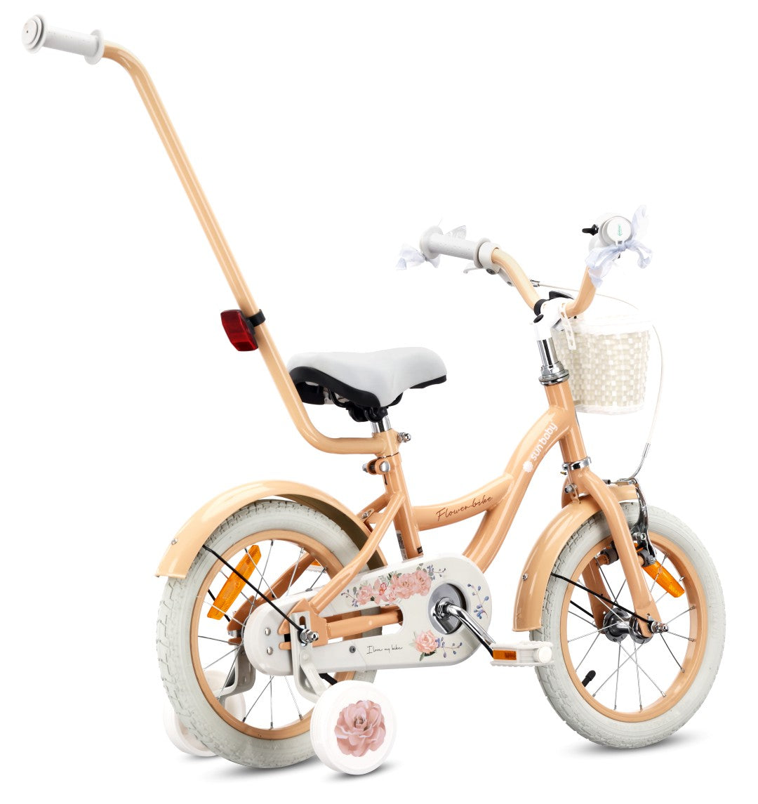14 inch girl's bike with pusher, side wheels, basket, Flower bike, apricot