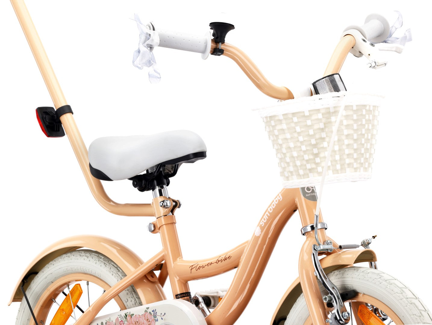 14 inch girl's bike with pusher, side wheels, basket, Flower bike, apricot