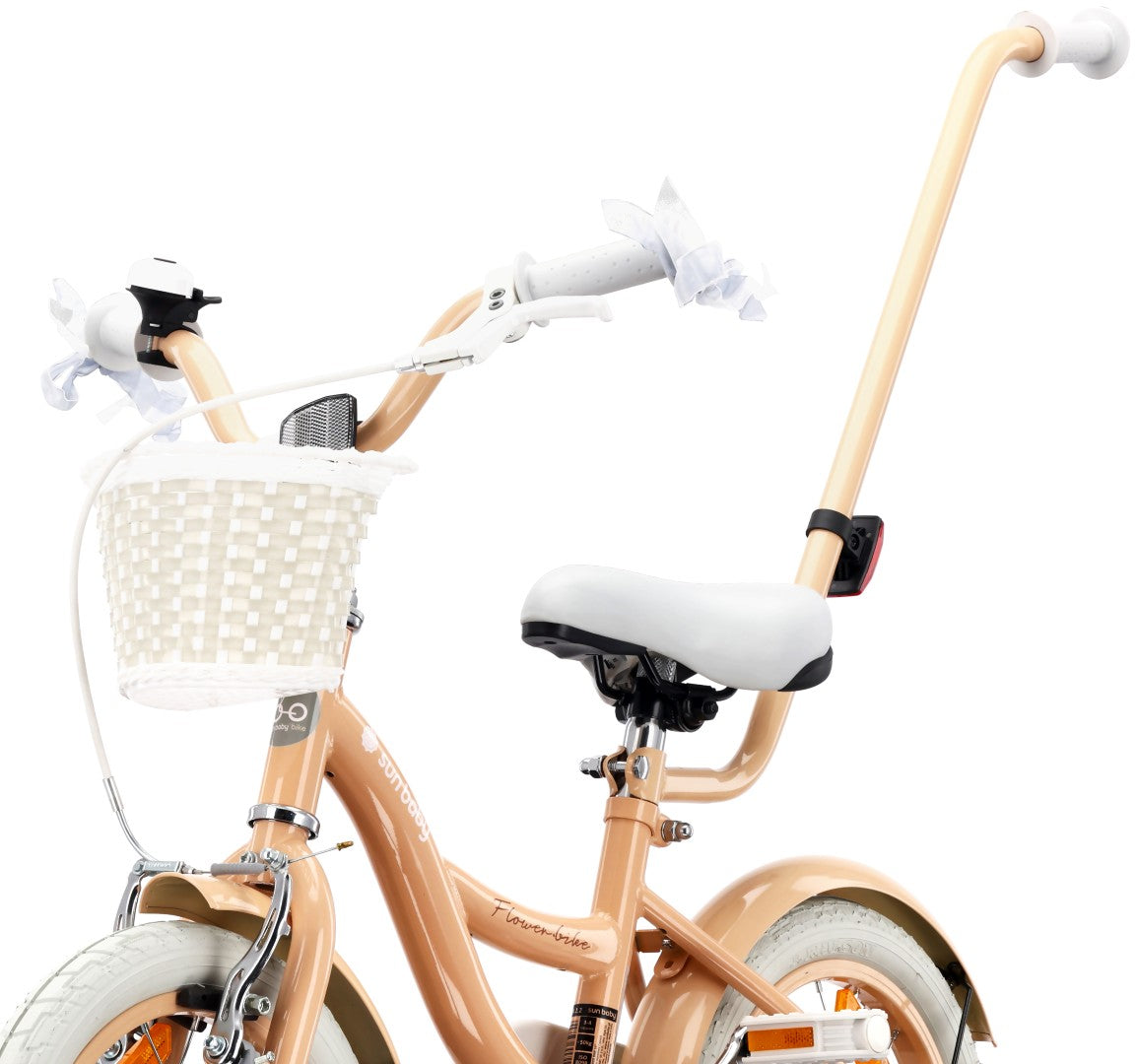 14 inch girl's bike with pusher, side wheels, basket, Flower bike, apricot