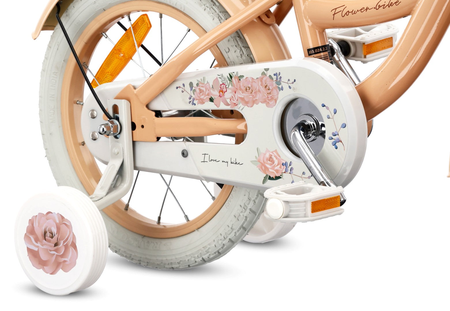 14 inch girl's bike with pusher, side wheels, basket, Flower bike, apricot