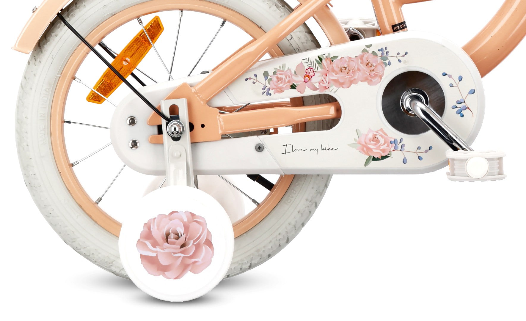 14 inch girl's bike with pusher, side wheels, basket, Flower bike, apricot
