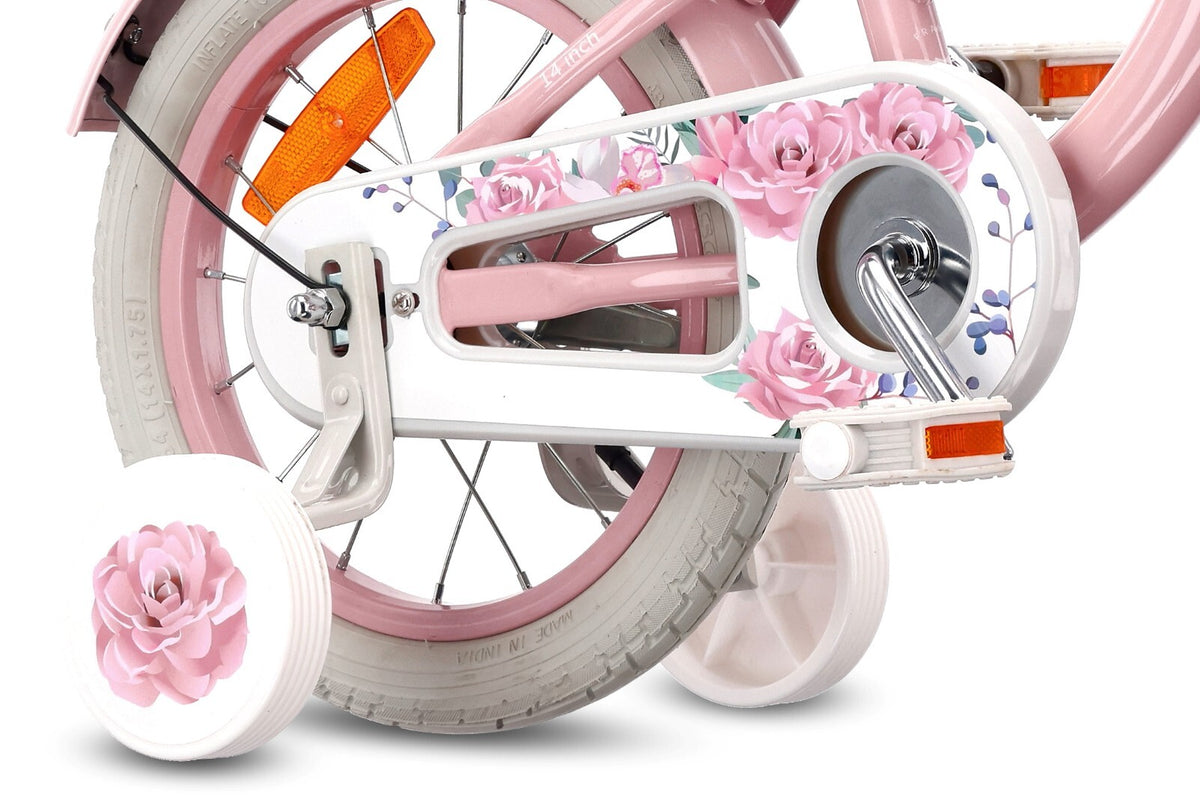 Rower dla dziewczynki 14 cali Pchacz Kółka boczne Koszyk Flower bike różowy