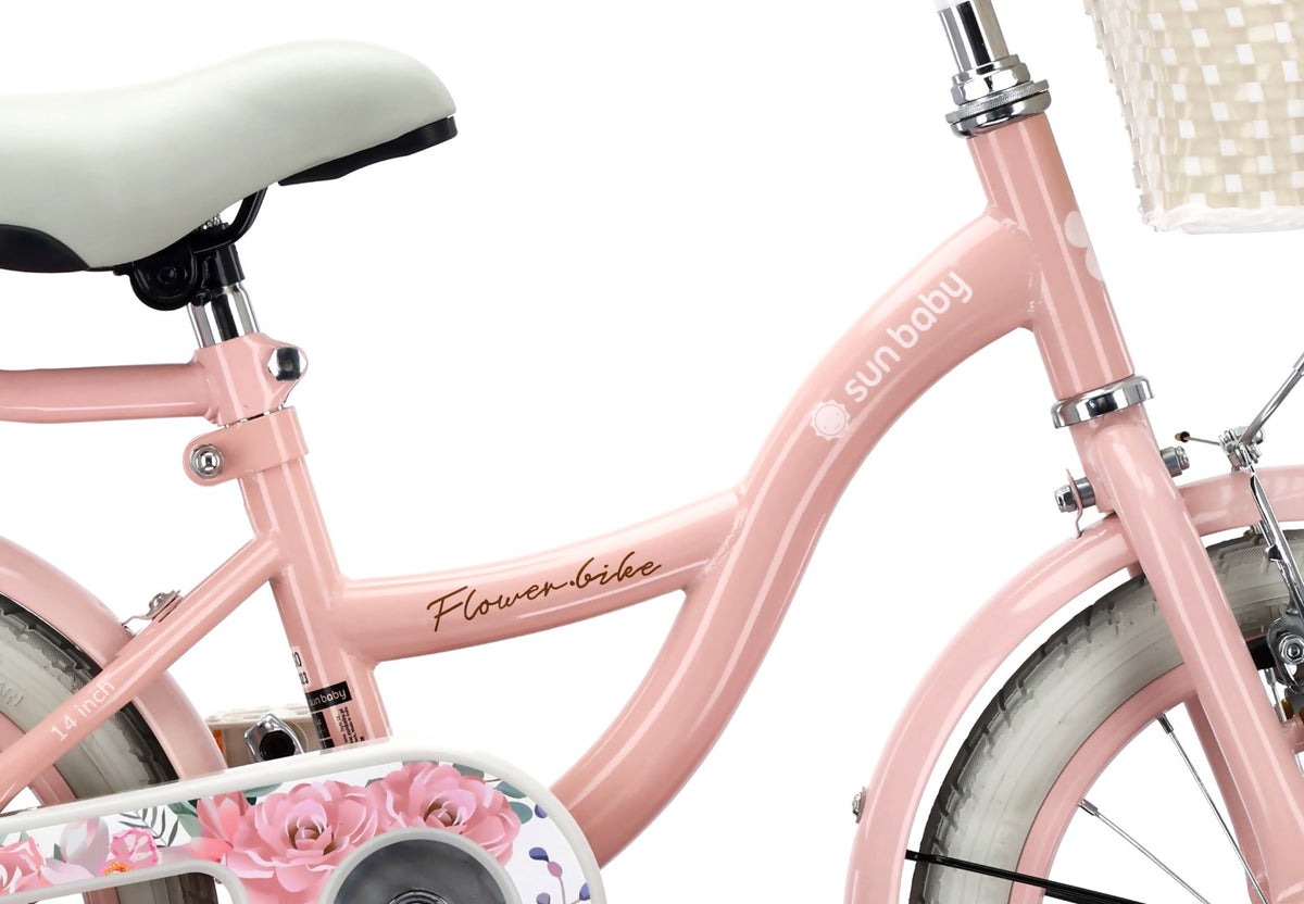 Rower dziecięcy 14 cali dla dziewczynki 3 4 5 lat Pchacz Kółka boczne Koszyk V-brake Flower Retro bike różowy