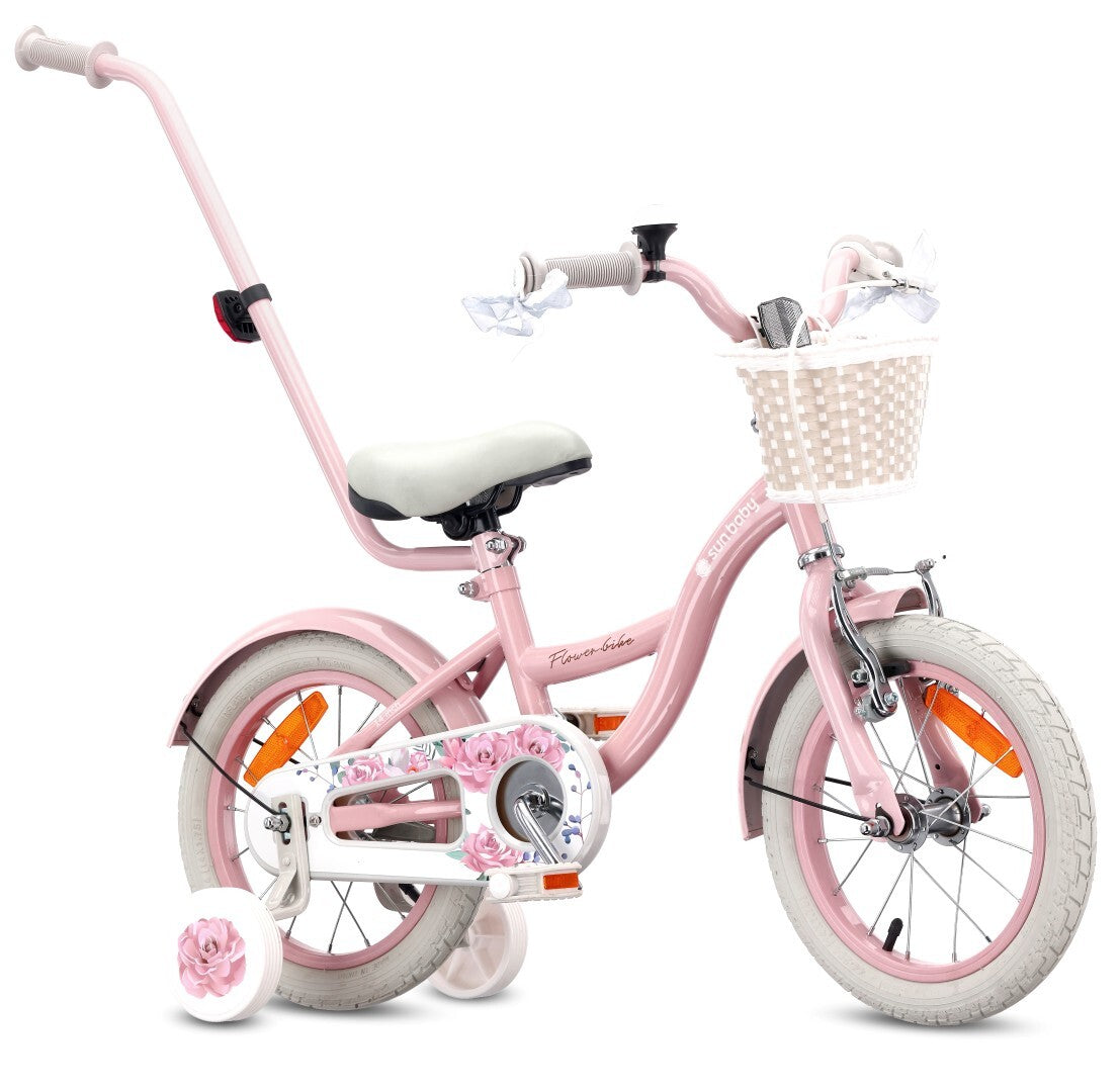 Rower dla dziewczynki 14 cali Pchacz Kółka boczne Koszyk Flower bike różowy