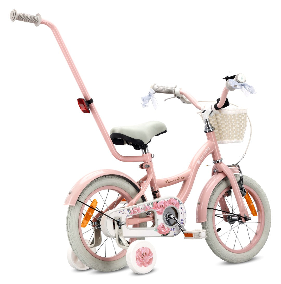 Rower dziecięcy 14 cali dla dziewczynki 3 4 5 lat Pchacz Kółka boczne Koszyk V-brake Flower Retro bike różowy