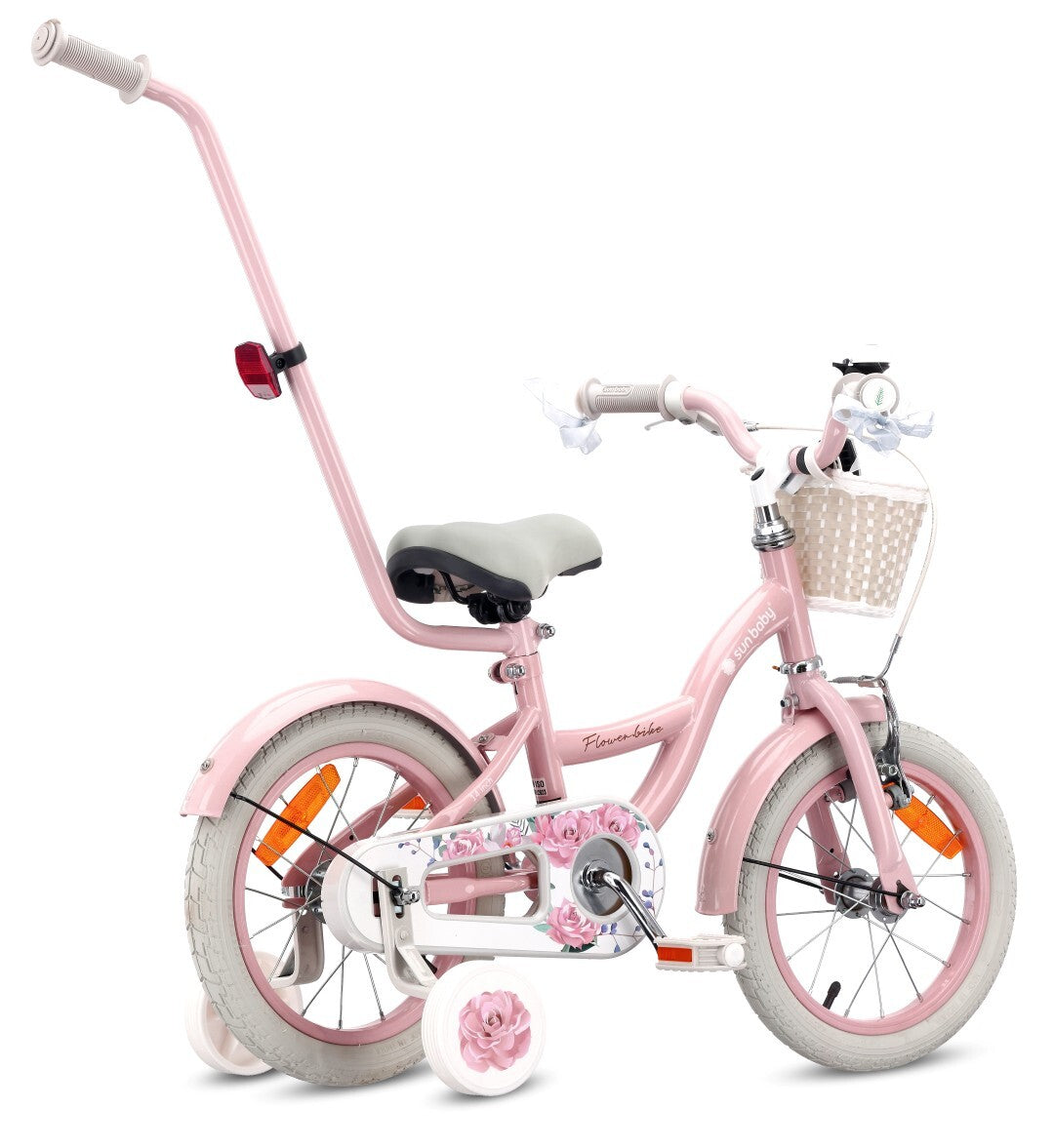 Rower dla dziewczynki 14 cali Pchacz Kółka boczne Koszyk Flower bike różowy