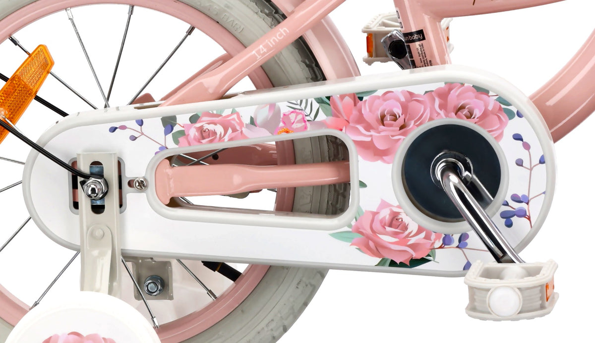 Rower dziecięcy 14 cali dla dziewczynki 3 4 5 lat Pchacz Kółka boczne Koszyk V-brake Flower Retro bike różowy