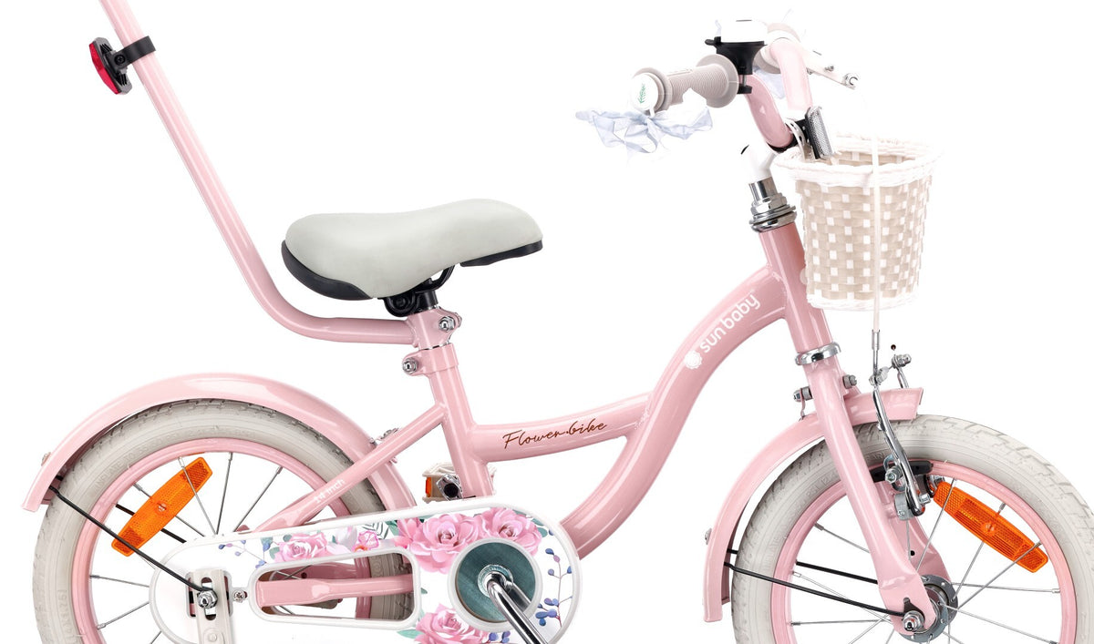 Rower dla dziewczynki 14 cali Pchacz Kółka boczne Koszyk Flower bike różowy