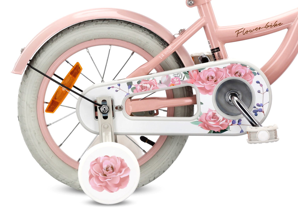 Rower dziecięcy 14 cali dla dziewczynki 3 4 5 lat Pchacz Kółka boczne Koszyk V-brake Flower Retro bike różowy