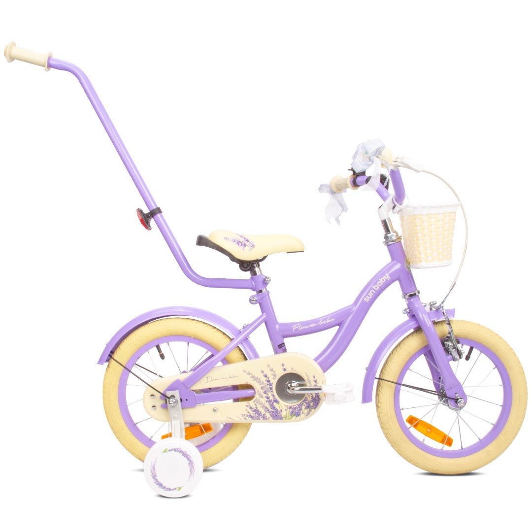 14 inch girl's bike with pusher, side wheels, basket, Flower Bike, lavender