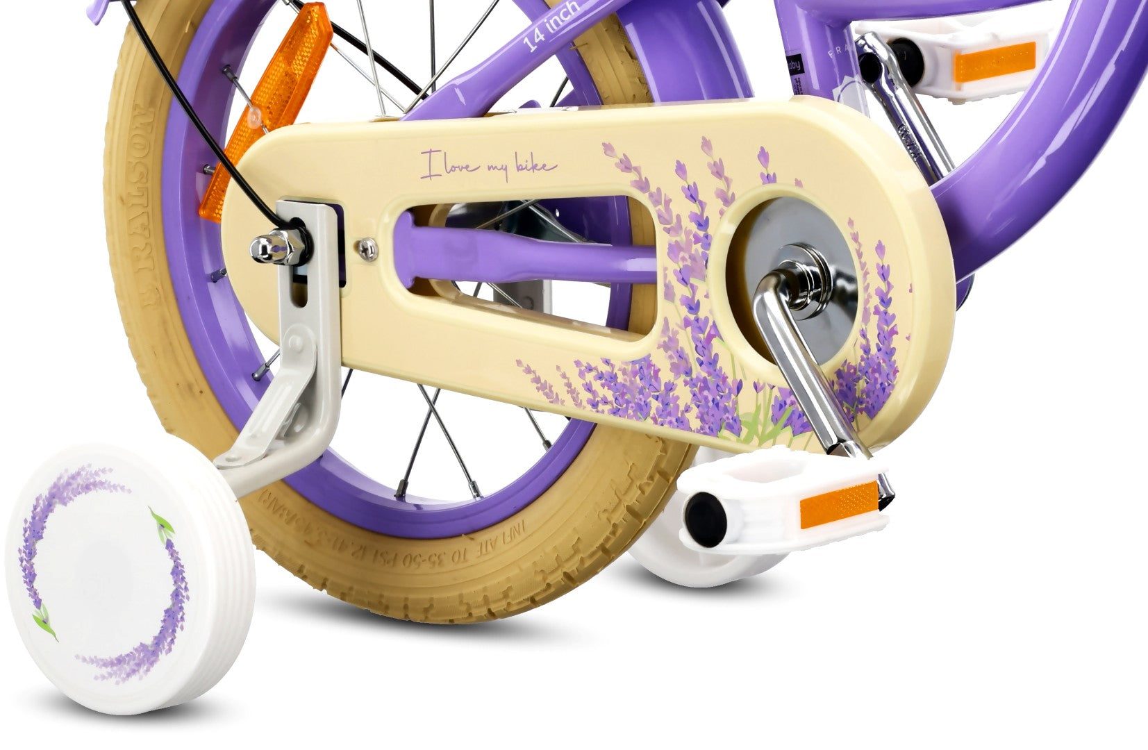 14-Zoll-Mädchenfahrrad mit Schieber, Seitenrädern und Korb, Blumenfahrrad, Lavendel