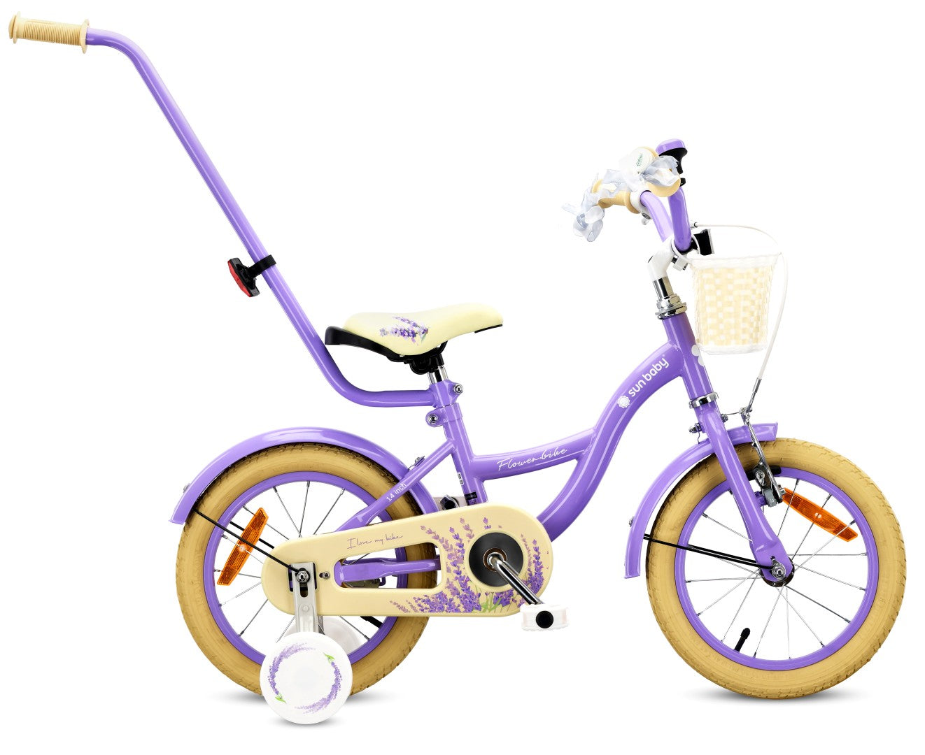 14 inch girl's bike with pusher, side wheels, basket, Flower Bike, lavender
