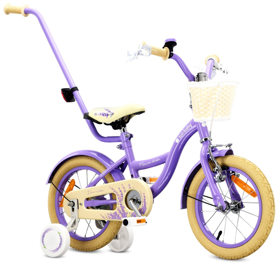 14-Zoll-Mädchenfahrrad mit Schieber, Seitenrädern und Korb, Blumenfahrrad, Lavendel
